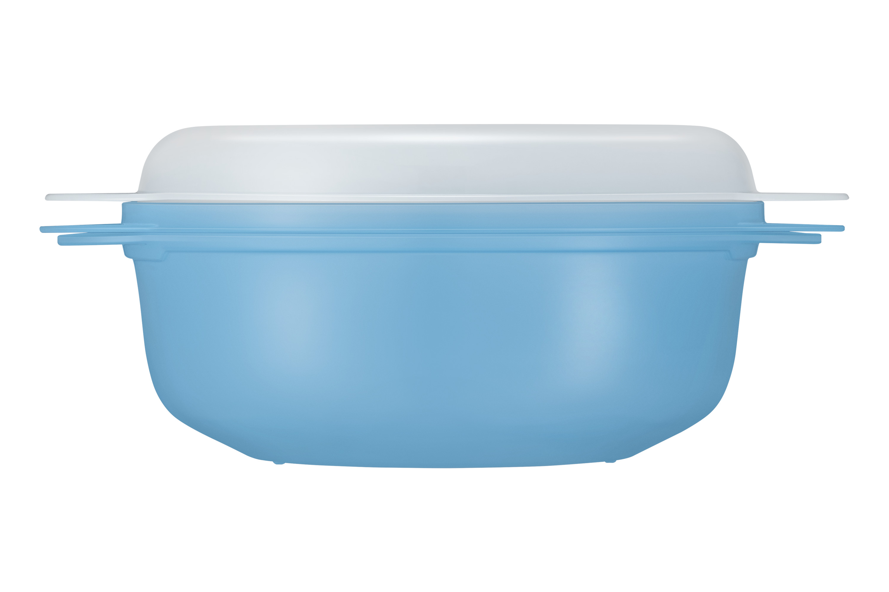 Niebiesko-biały plastikowy pojemnik na żywność. Pojemnik jest zamknięty, z białą pokrywą.