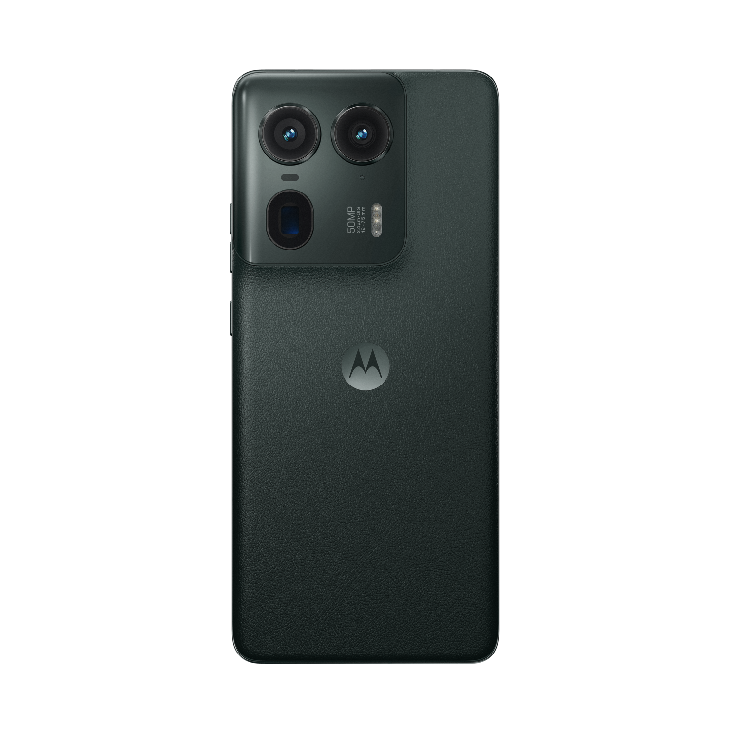 A smartphone, dark green, with dual rear cameras and a Motorola logo.