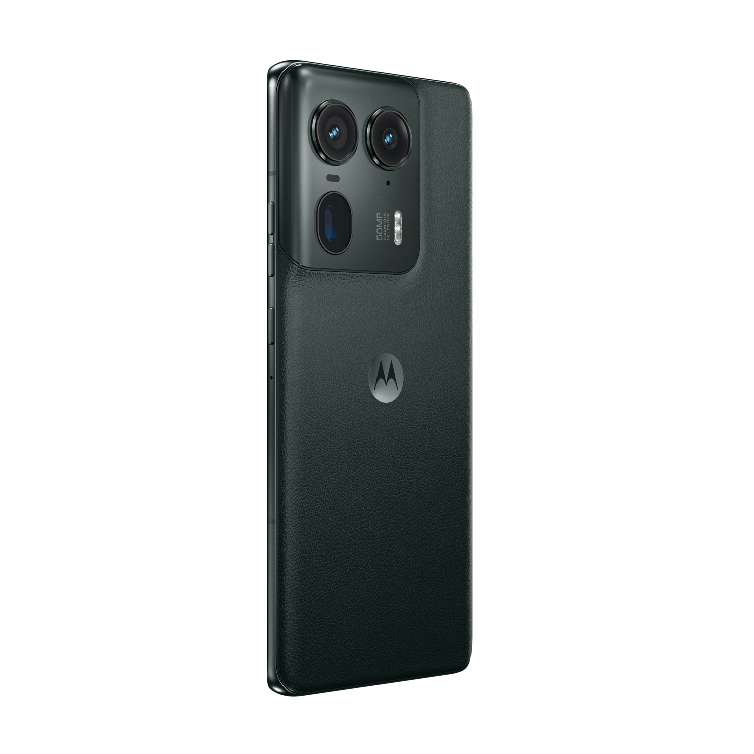 Dark green smartphone on black background. Dual camera and Motorola logo visible.