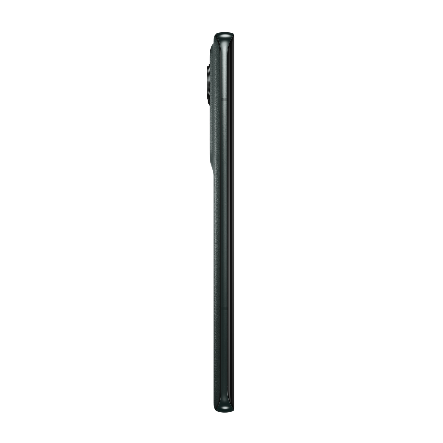 A black smartphone seen from the side on a black background.