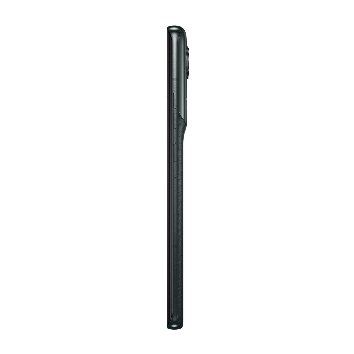 Side view of a black smartphone with a camera bump, against a black background.