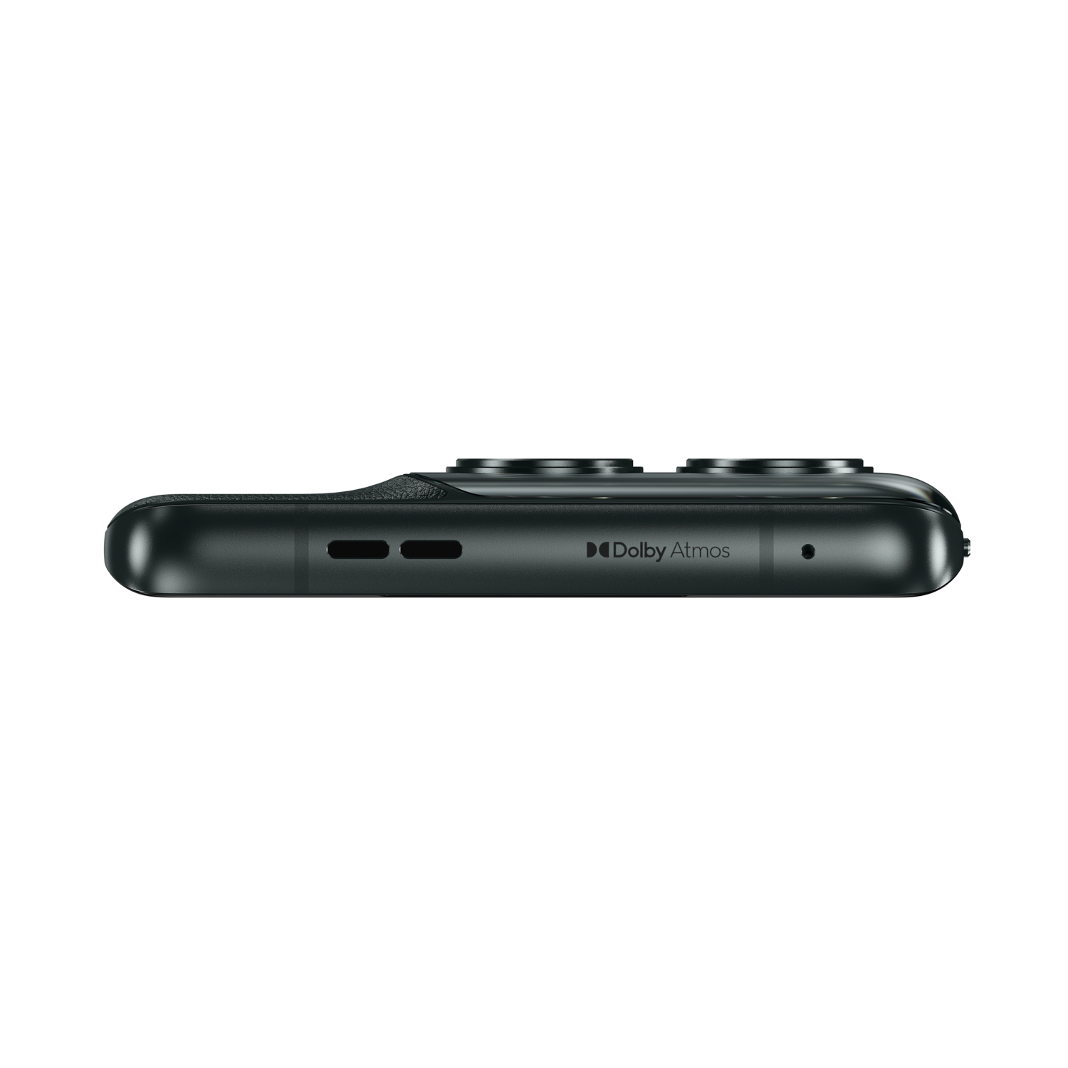 Bottom view of a dark gray phone. The phone has speakers, a charging port, and Dolby Atmos branding.