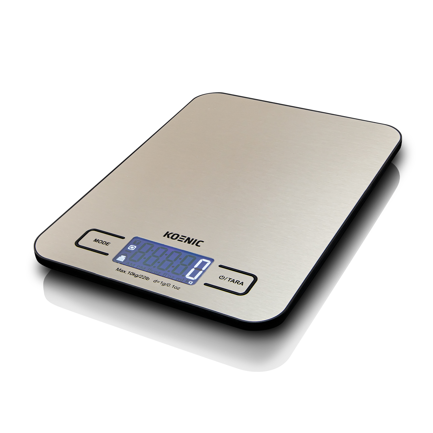 Bilancia da cucina digitale Koenic su bianco, con display blu.