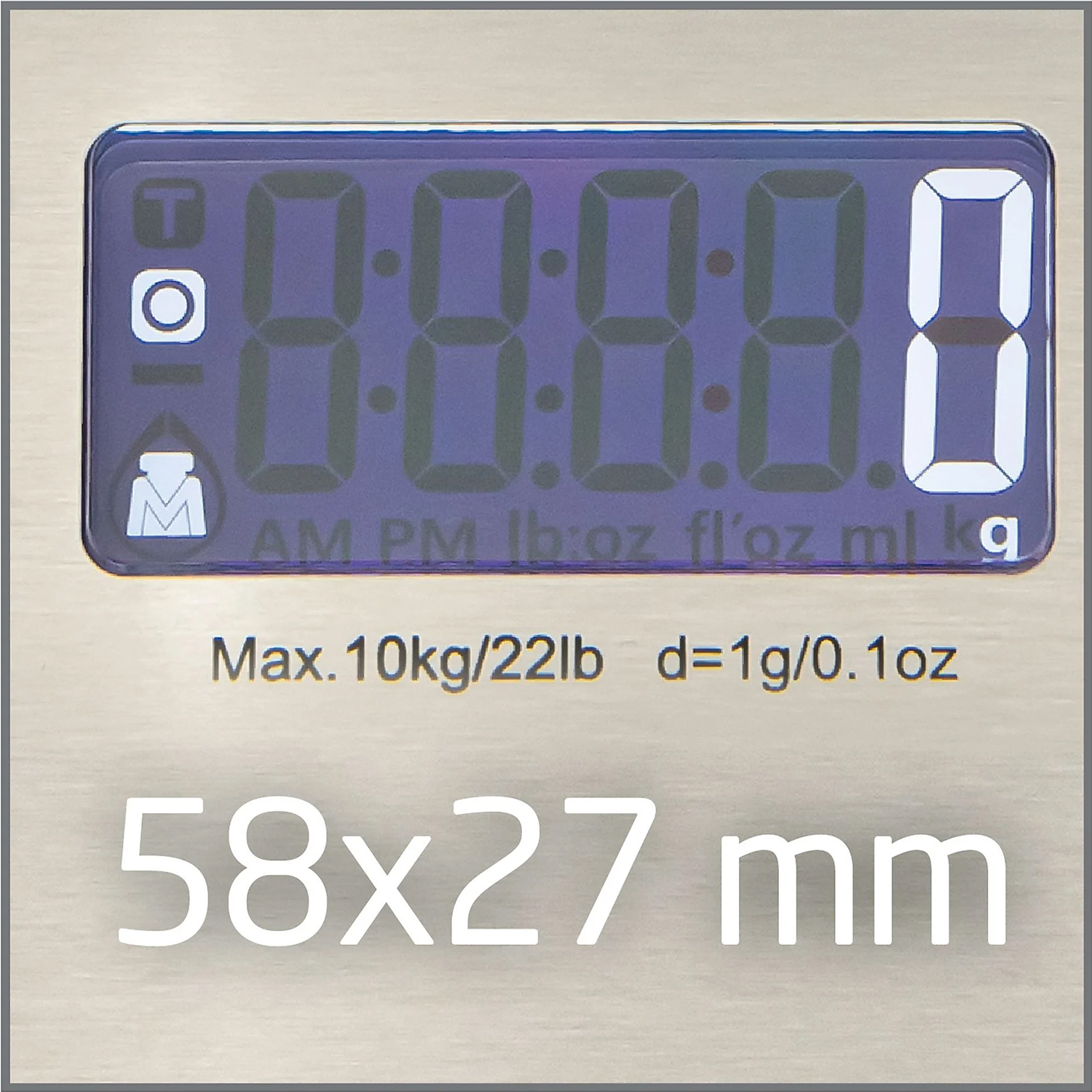 Display digitale su una bilancia che mostra numeri ed etichette, con testo sotto.