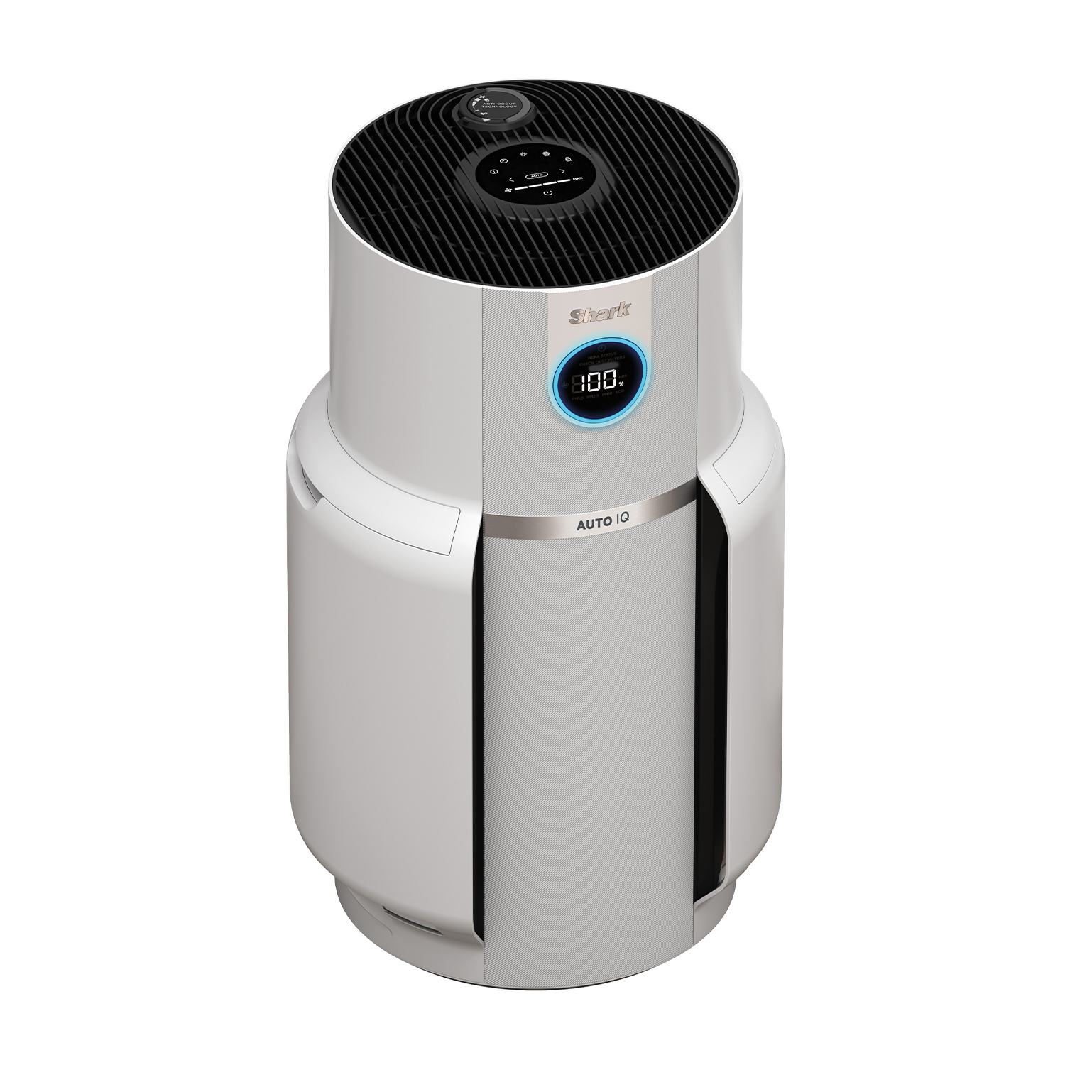 Purificatore d'aria bianco e grigio con display digitale, su una superficie bianca.