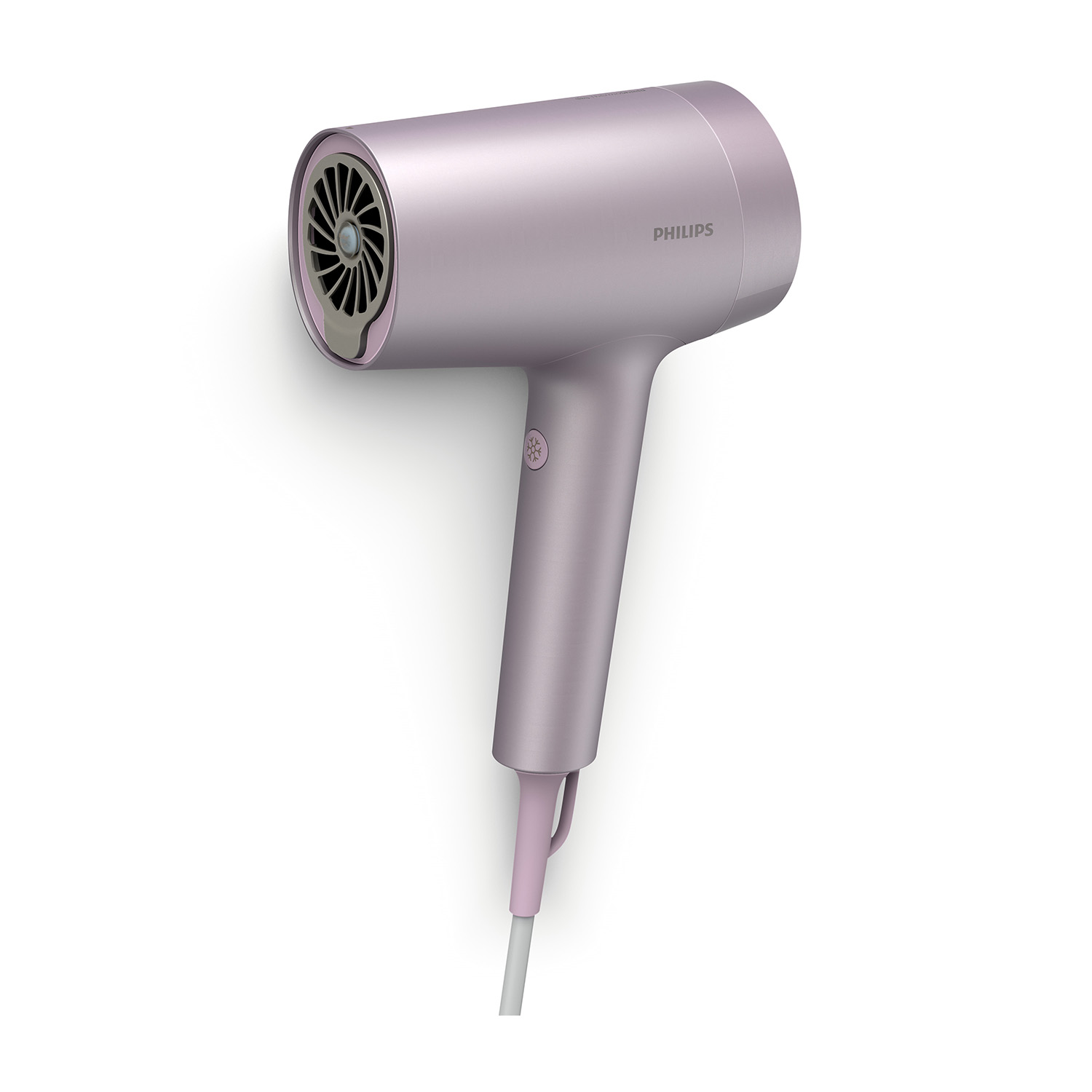 Asciugacapelli Philips rosa, vista angolata, con sfondo bianco.