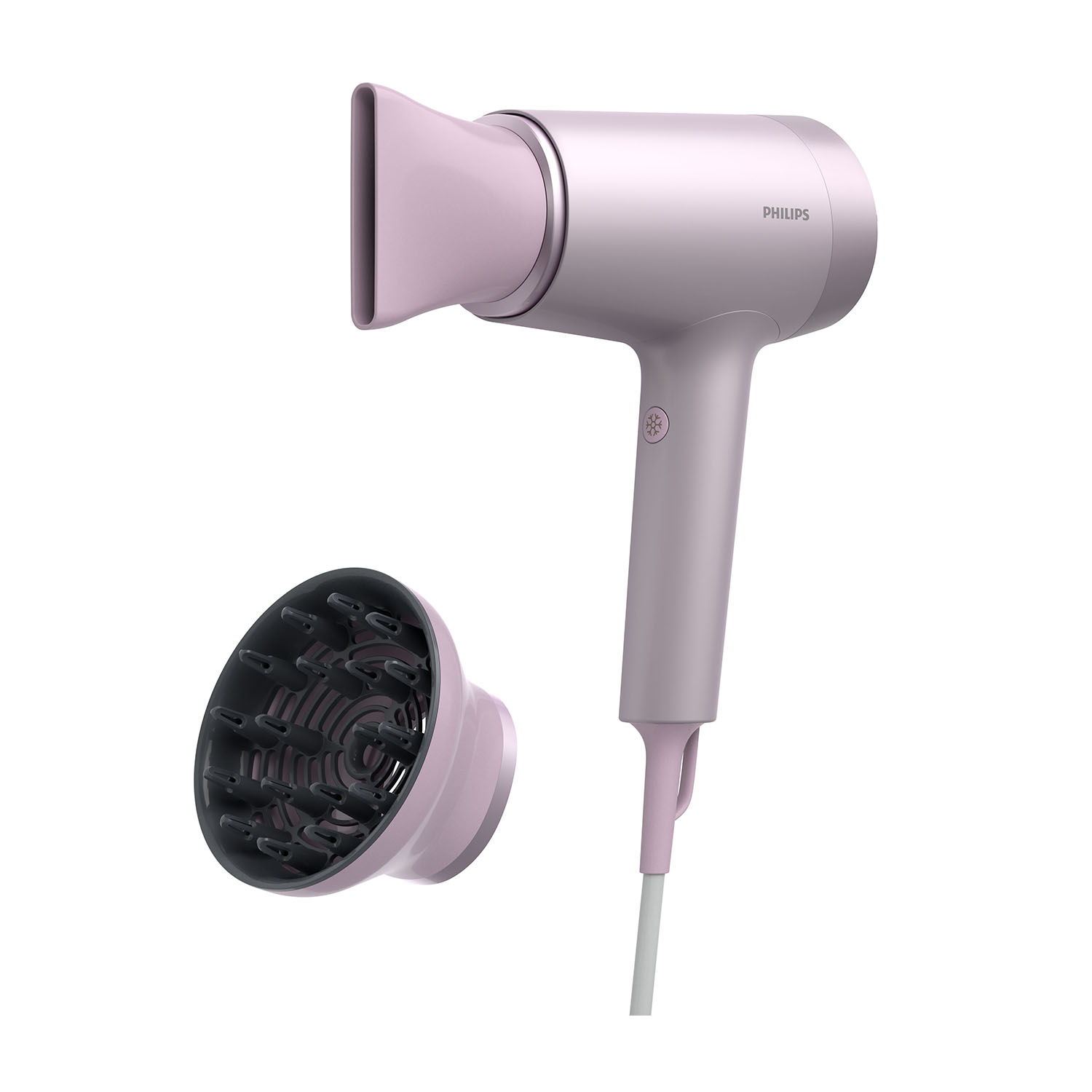Asciugacapelli Philips rosa e argento con diffusore, su sfondo bianco.