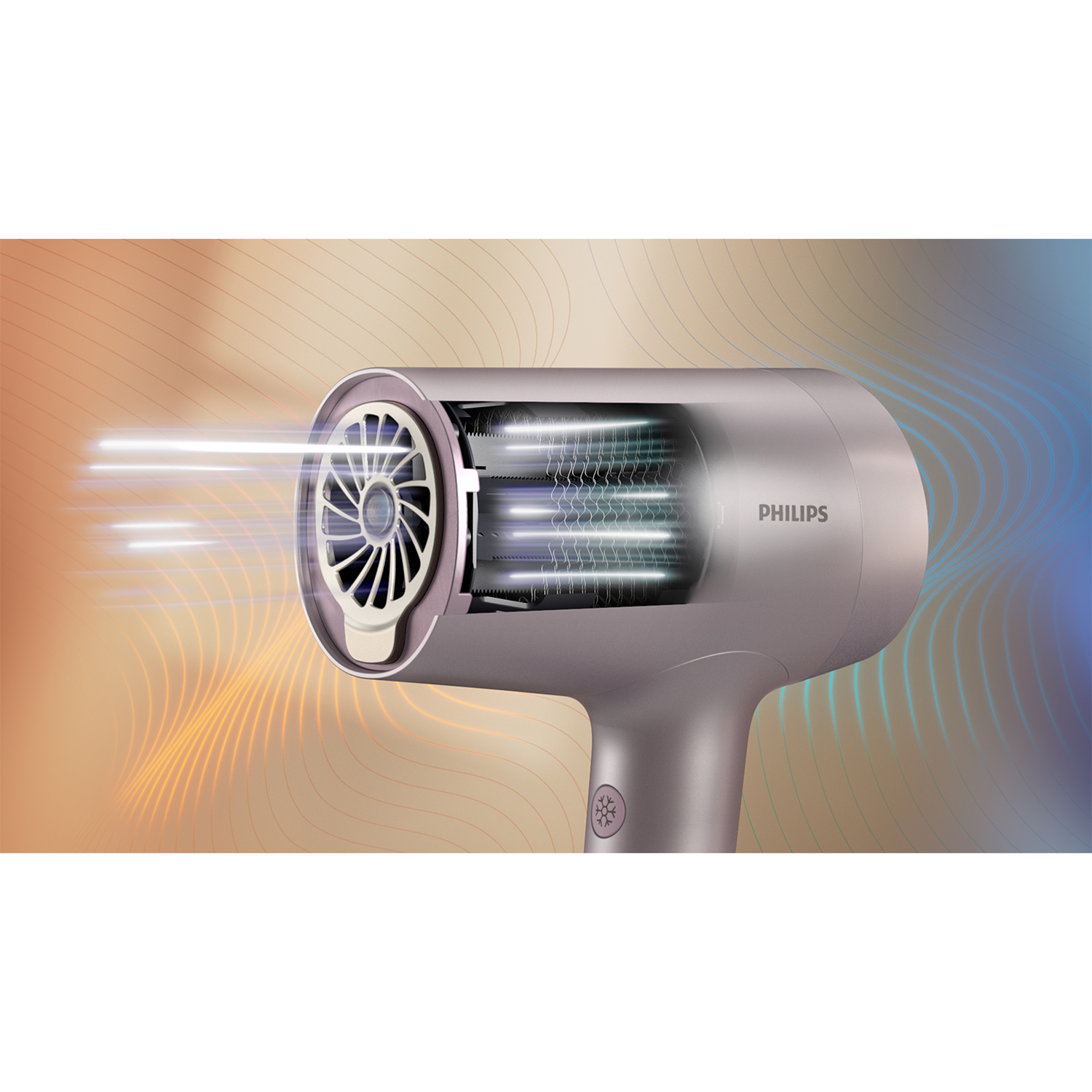 Un asciugacapelli Philips argento e viola con un taglio che mostra i componenti interni.