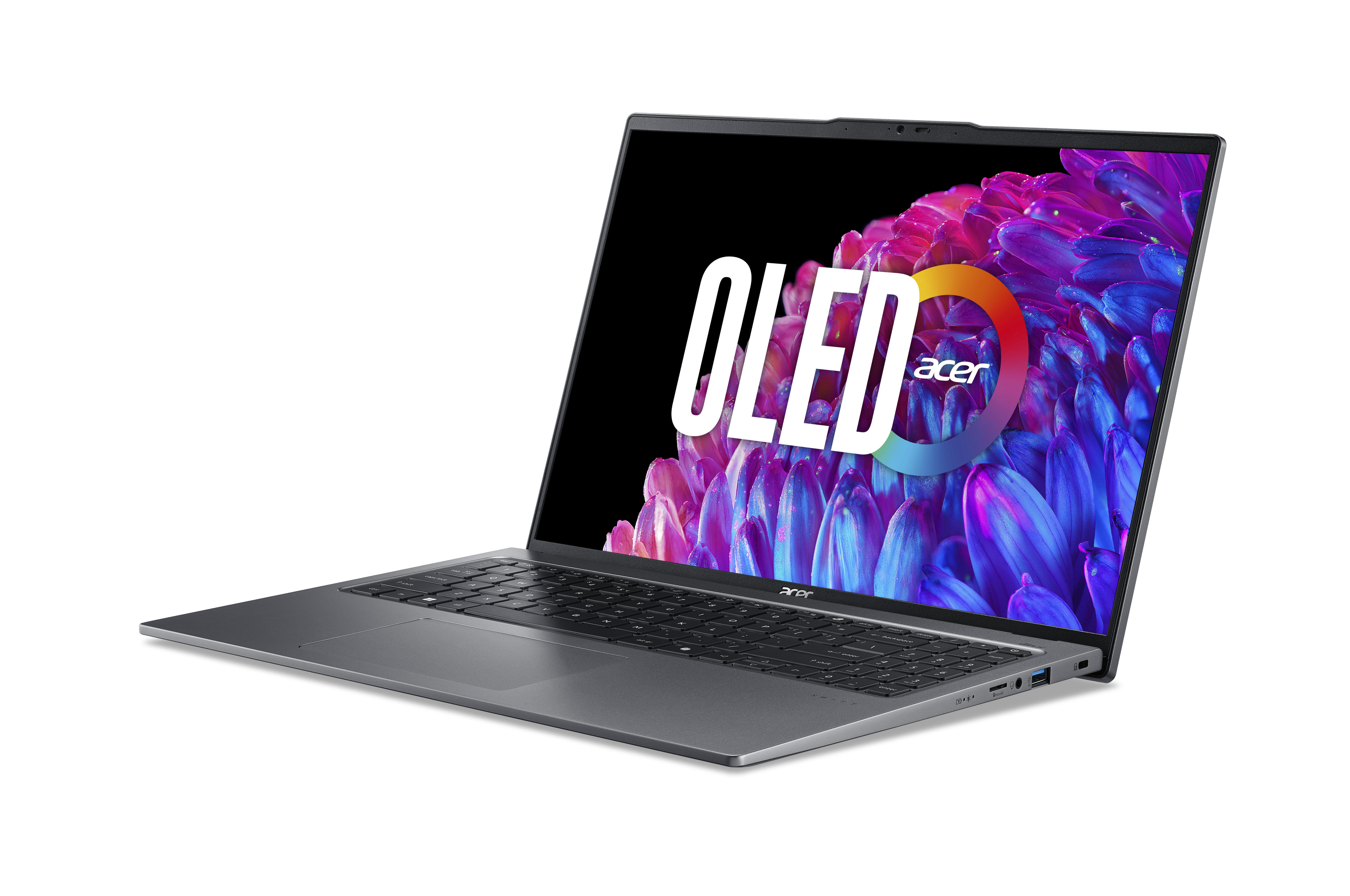 Un portátil sobre un fondo negro. La pantalla muestra la palabra OLED y el logotipo de Acer.