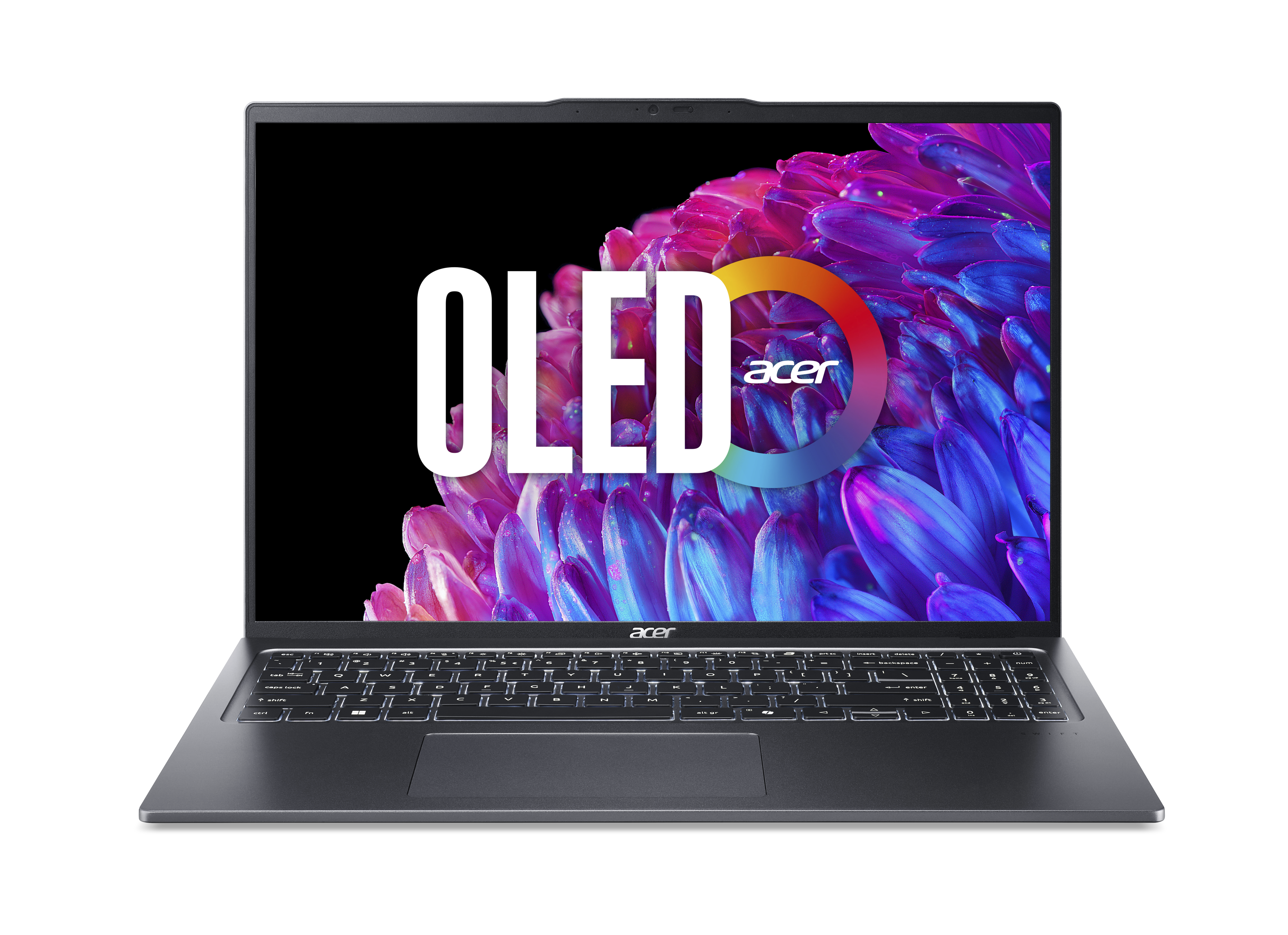 Laptop OLED abierto, teclado negro, texto OLED blanco en pantalla.