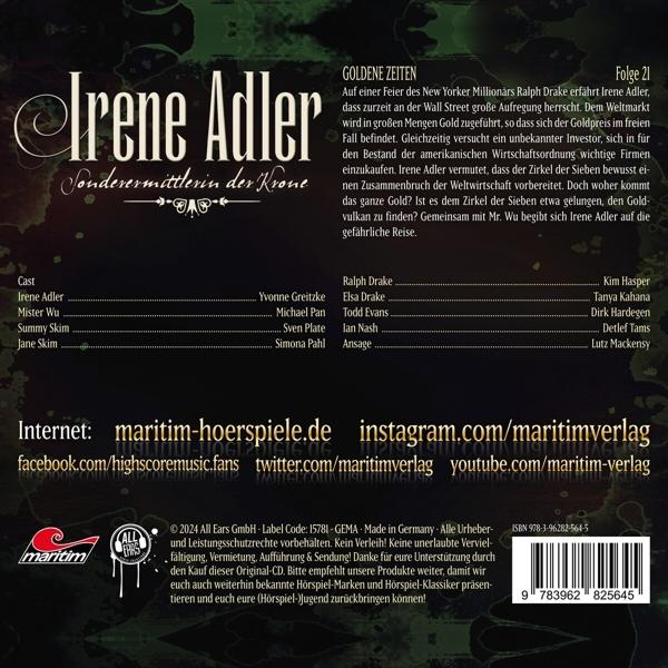Buchcover: Irene Adler Titel, Besetzungsliste und Maritim-Logo. Der Hintergrund ist verziert, mit goldener Schrift.