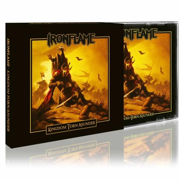 Albumcover für Ironflame - Kingdom Torn Asunder. Zeigt einen Krieger und eine Kampfszene mit goldenem/gelbem Hintergrund.