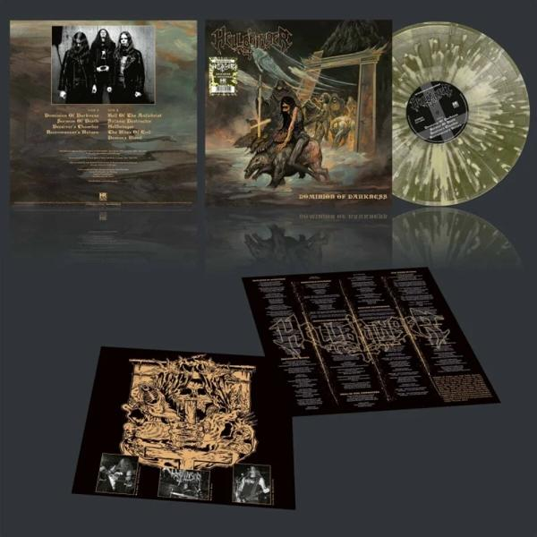 Ein Albumcover mit den Worten 'Dominion of Darkness' und eine Vinyl-Schallplatte.