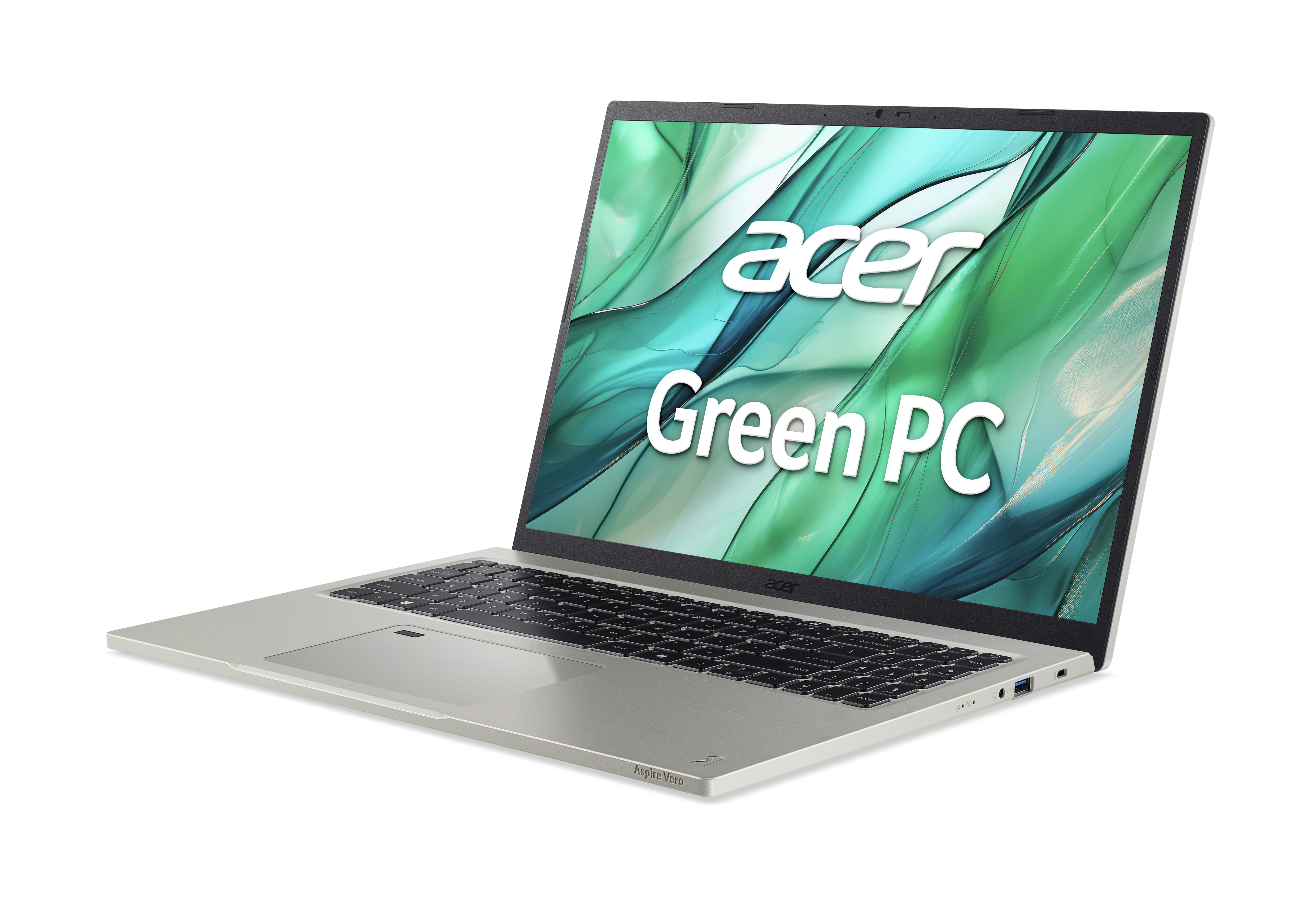 Laptop plateado abierto, mostrando el texto acer Green PC, sobre un fondo negro.