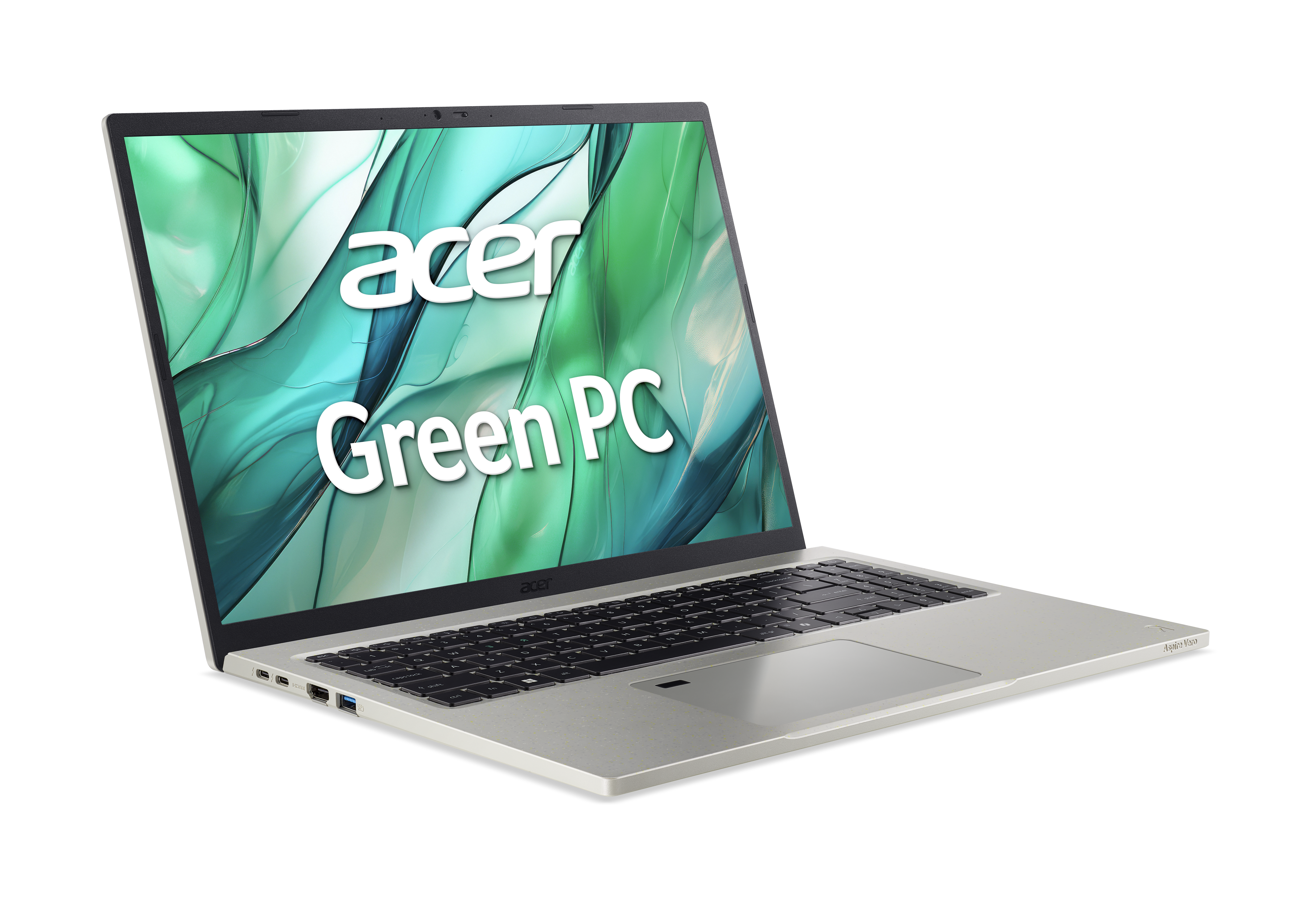 Un portátil plateado abierto con las palabras Green PC en la pantalla.