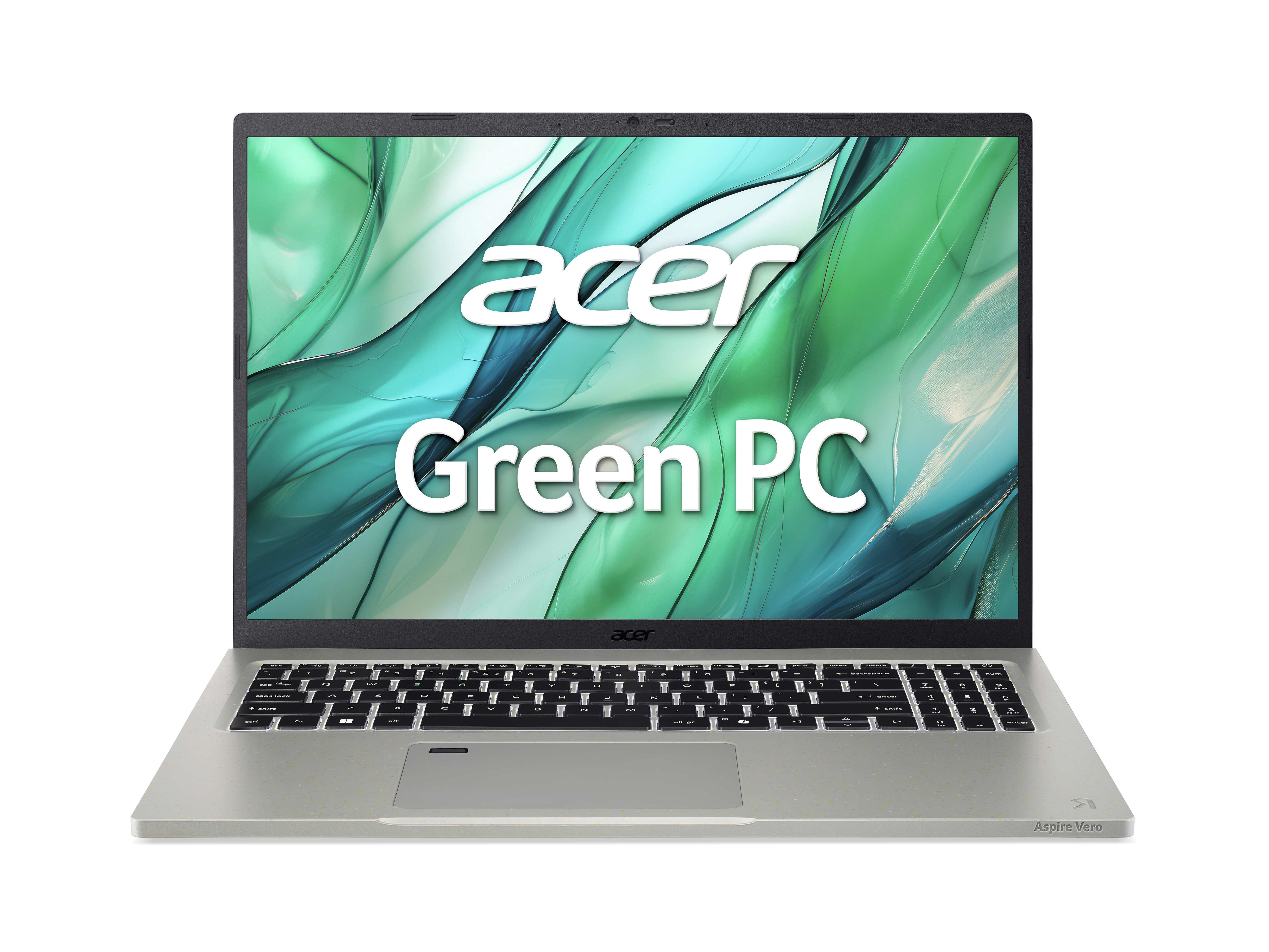 Un portátil sobre un fondo blanco. La pantalla muestra las palabras Acer Green PC.