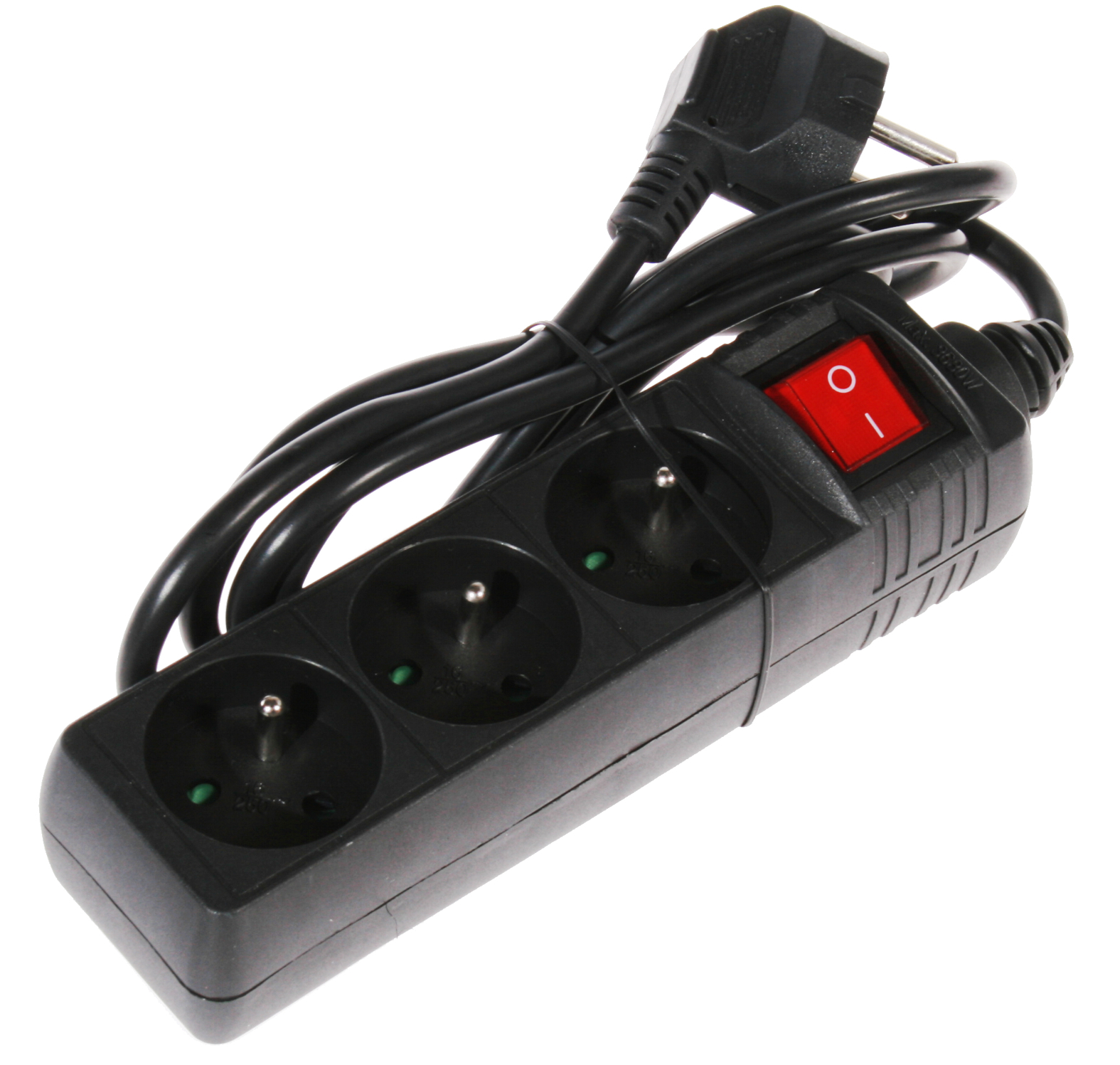 Czarna listwa zasilająca z trzema gniazdami, czerwonym przełącznikiem i czarnym przewodem zasilającym.