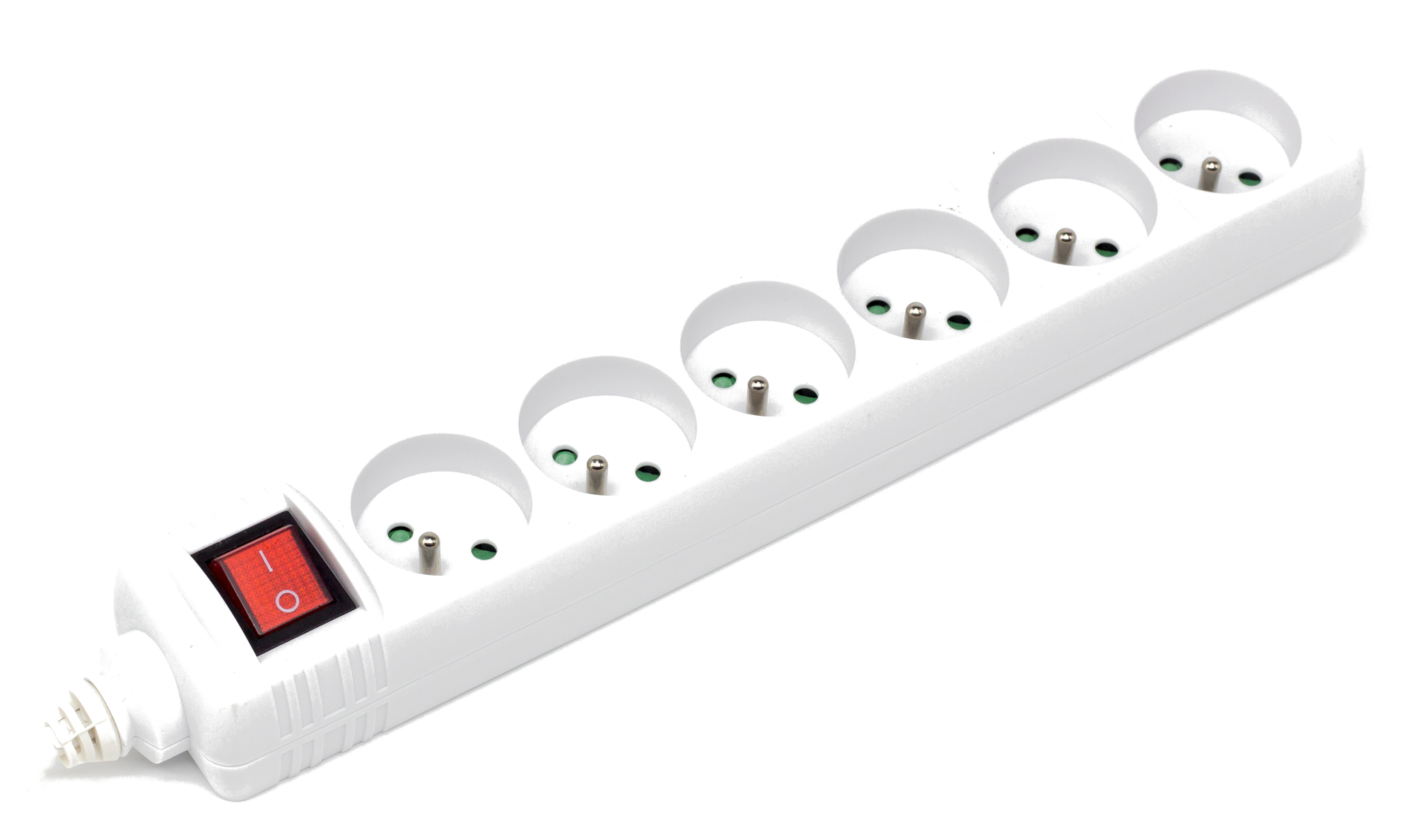 Biała listwa zasilająca z wieloma gniazdami i czerwonym włącznikiem/wyłącznikiem.