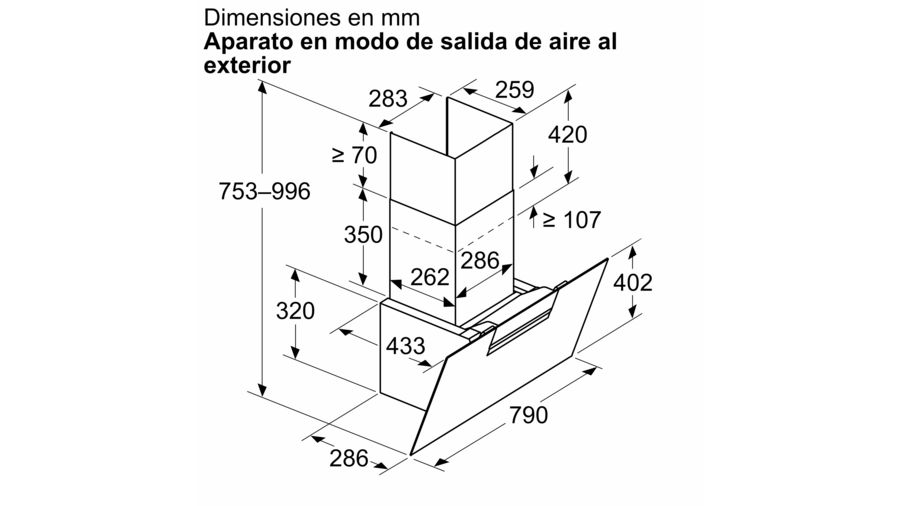 Vista isométrica de una campana extractora con dimensiones en mm. La campana es blanca, con frontal plateado.