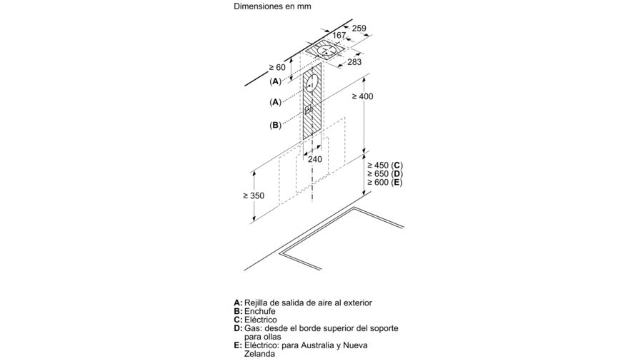 Un dibujo arquitectónico con medidas y etiquetas. Fondo blanco.