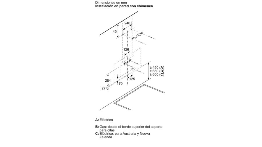Diagrama de instalación de campana extractora. Muestra dimensiones y detalles.