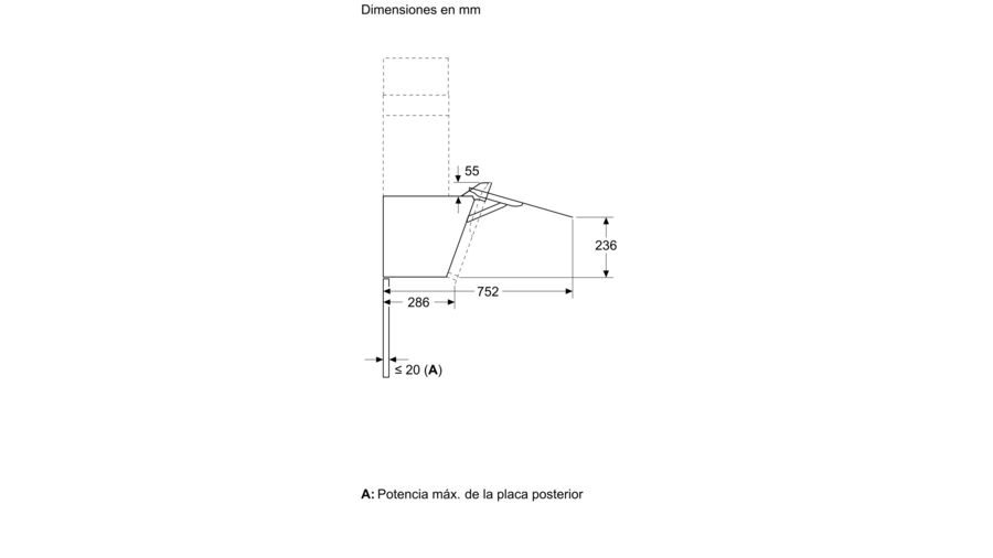 Dibujo técnico de un electrodoméstico de cocina con dimensiones en mm. Es blanco y negro.