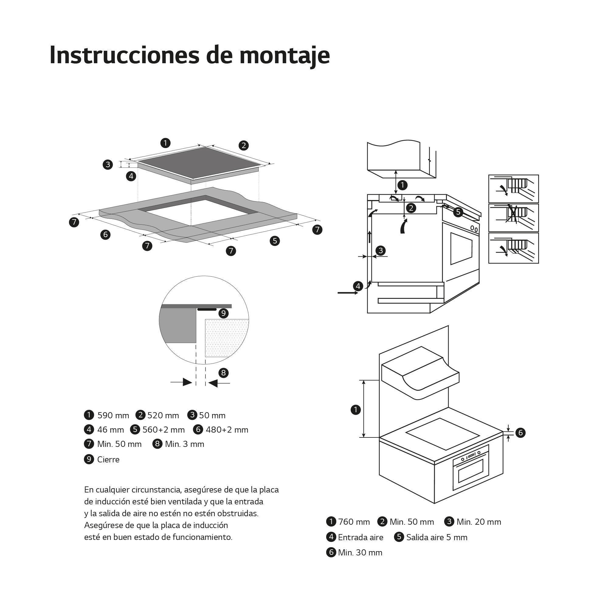 Diagrama de instalación de una placa de cocina, con medidas y etiquetas de componentes.