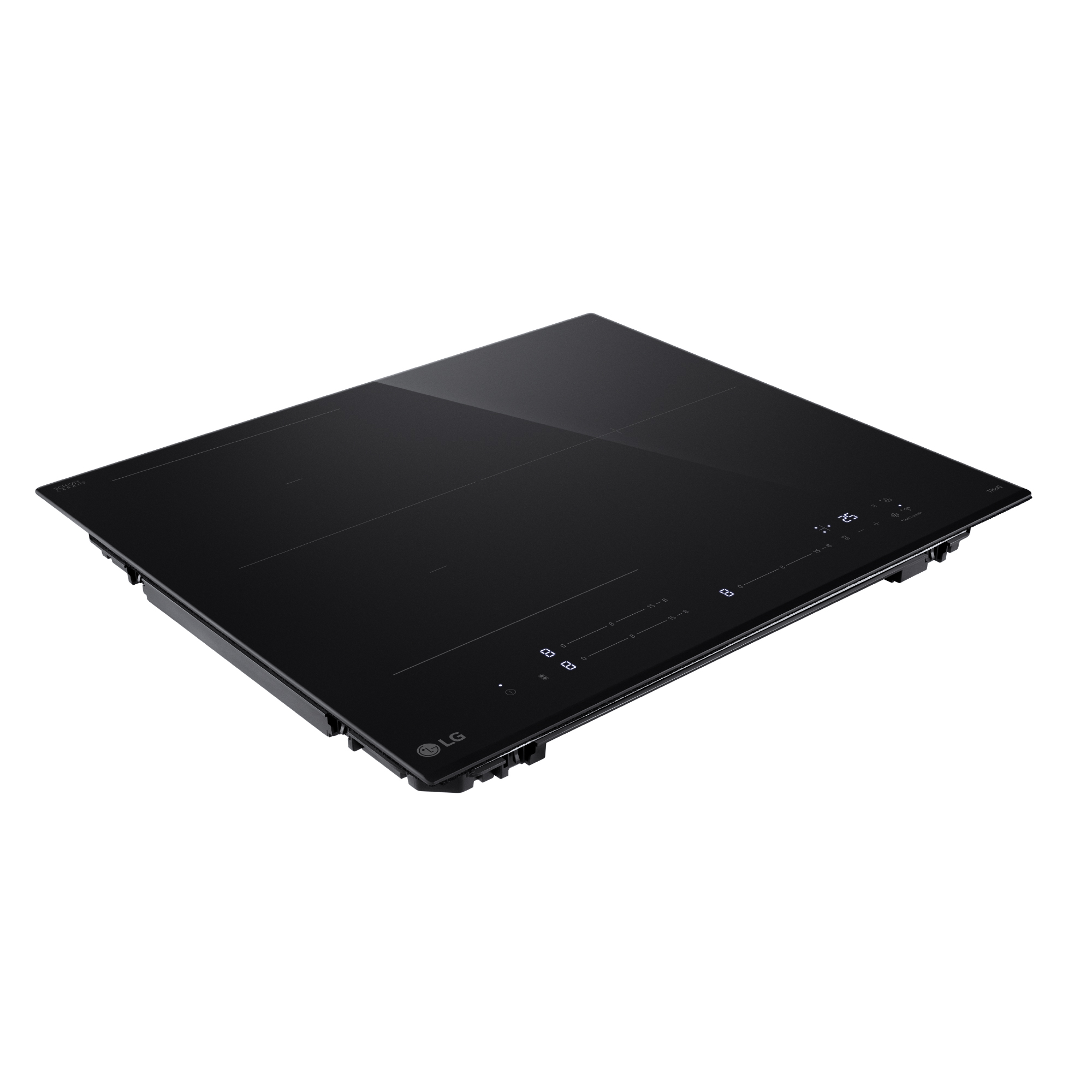 Una placa de inducción negra. Vista superior con cuatro zonas de cocción y pantalla digital.