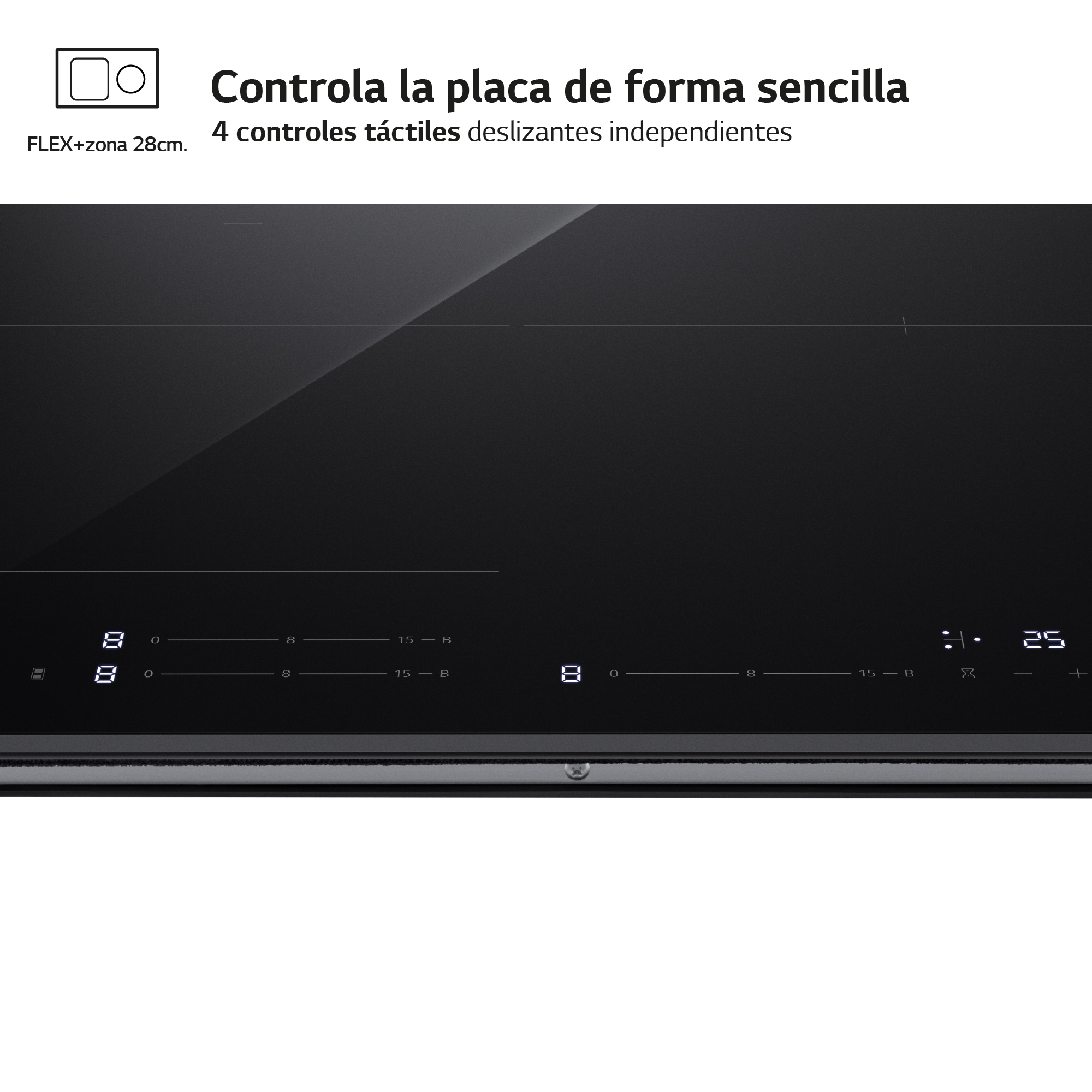 Encimera negra con controles táctiles. Incluye números iluminados y un diseño elegante.