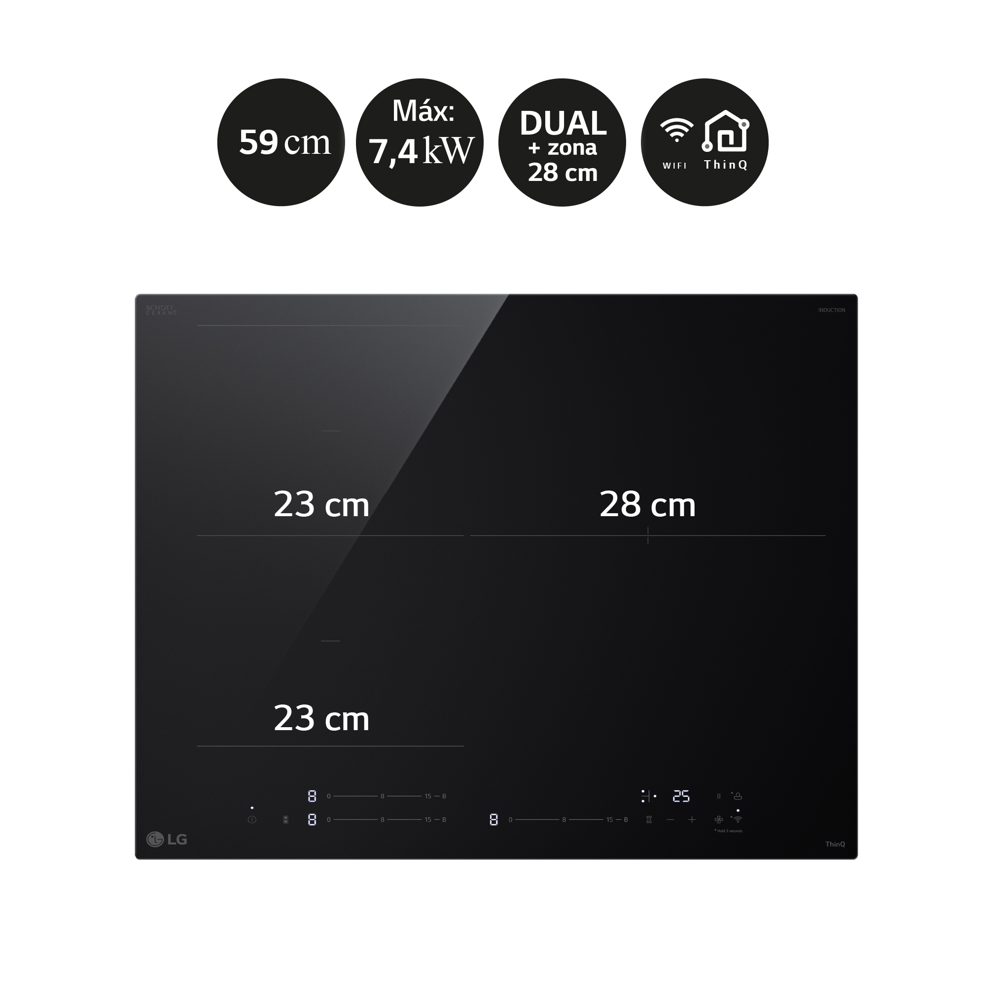 Una placa de inducción LG negra con ajustes de control y dimensiones.
