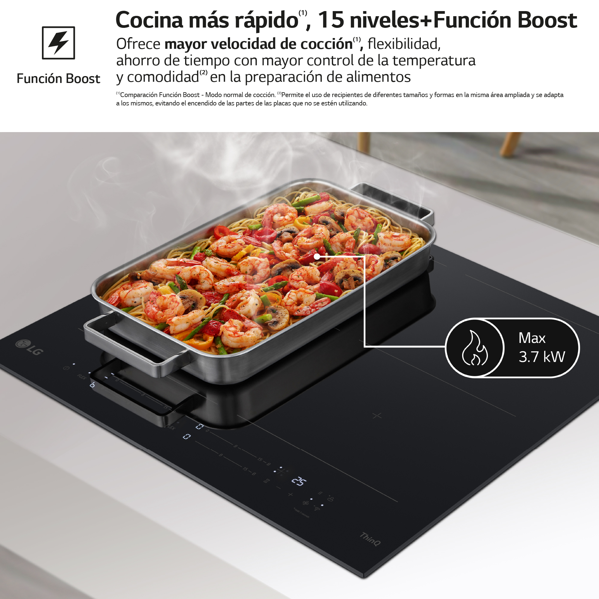 Placa de inducción negra con comida en una sartén, texto en español.