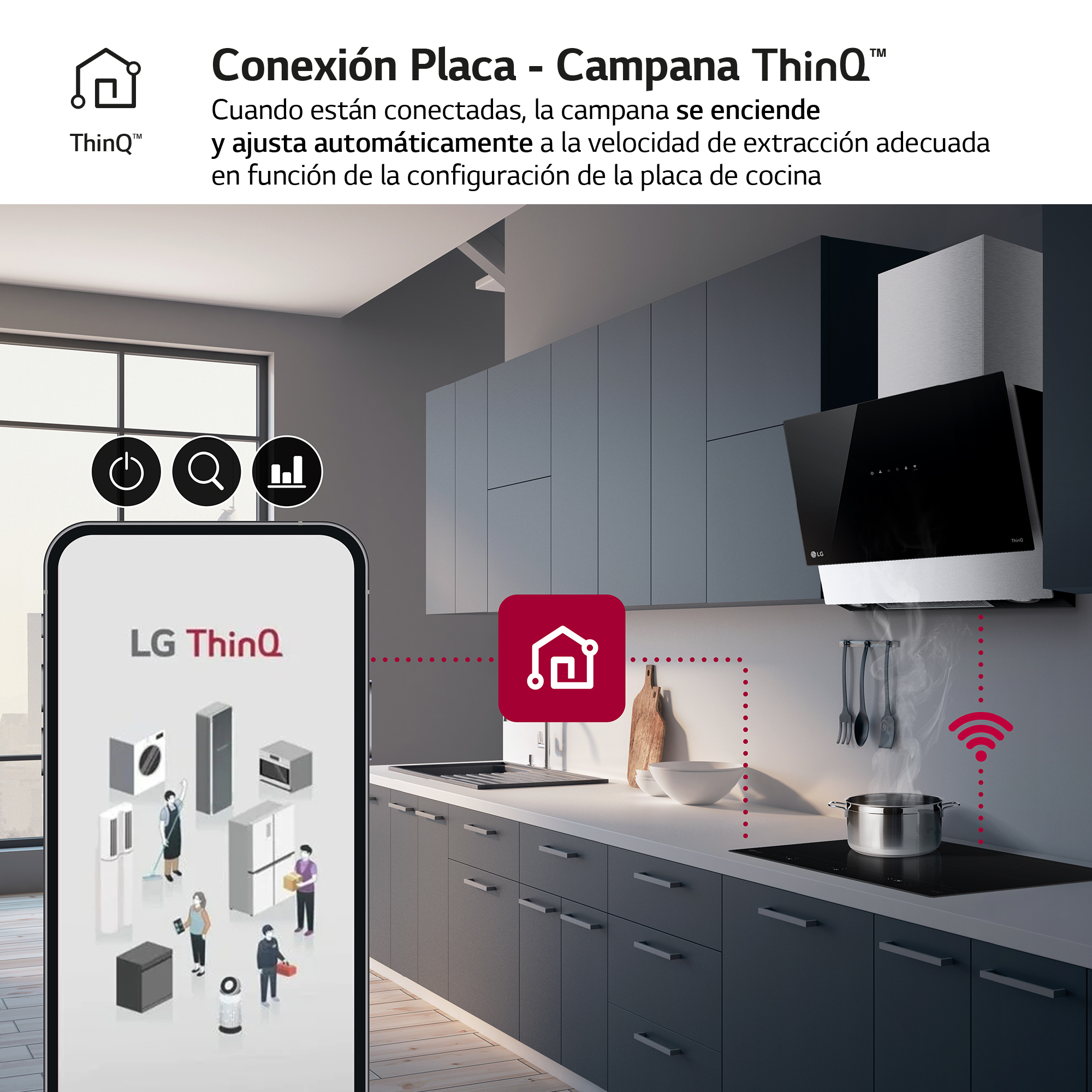 Un teléfono inteligente que muestra una interfaz de aplicación, con una cocina y una campana inteligente en el fondo.