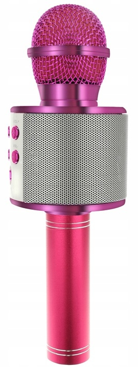 Różowy mikrofon. Biały perforowany korpus. Srebrna podstawa. Przyciski. Widok z góry.