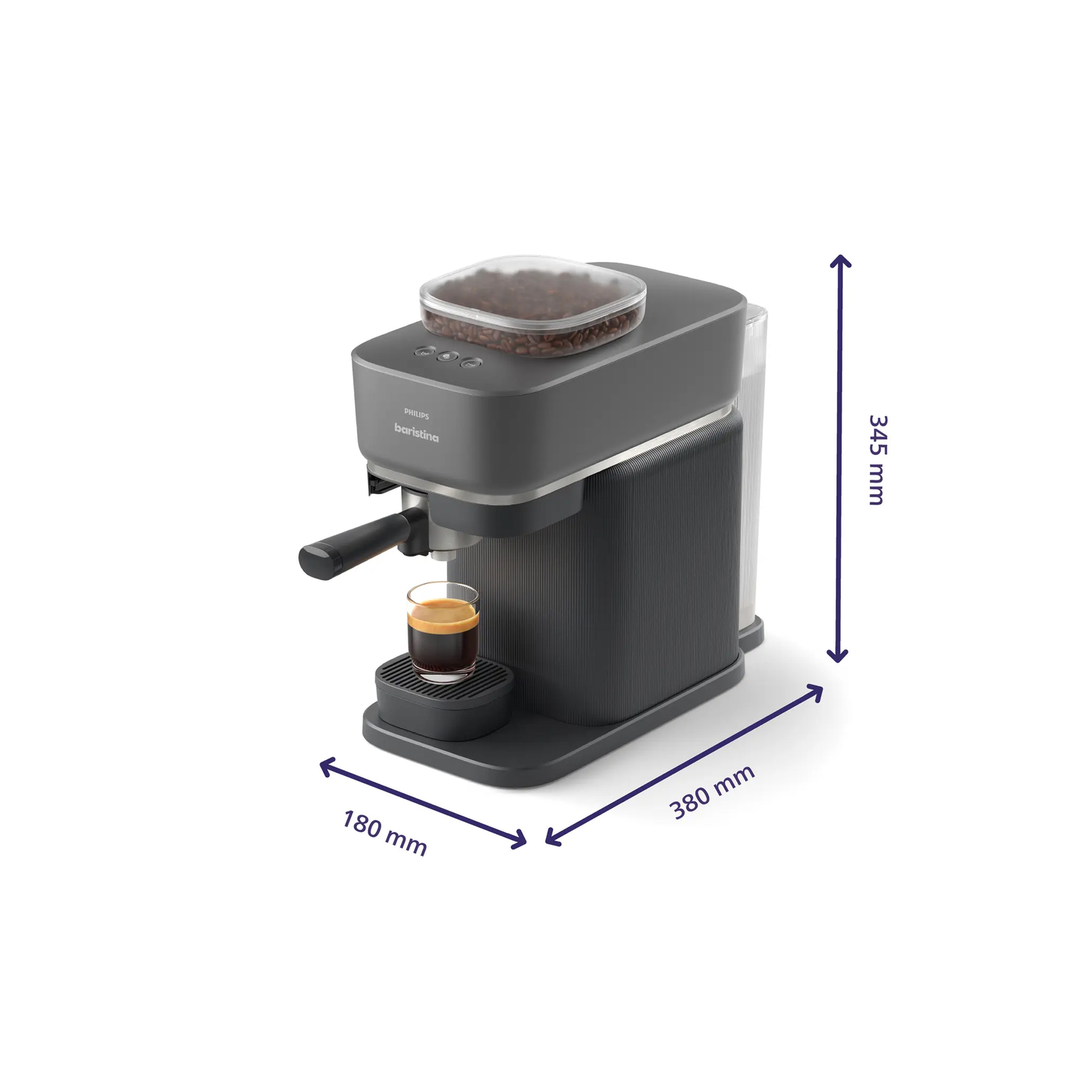 Koffiemachine met afmetingen. Het heeft een bonencontainer, espresso en een watertank.