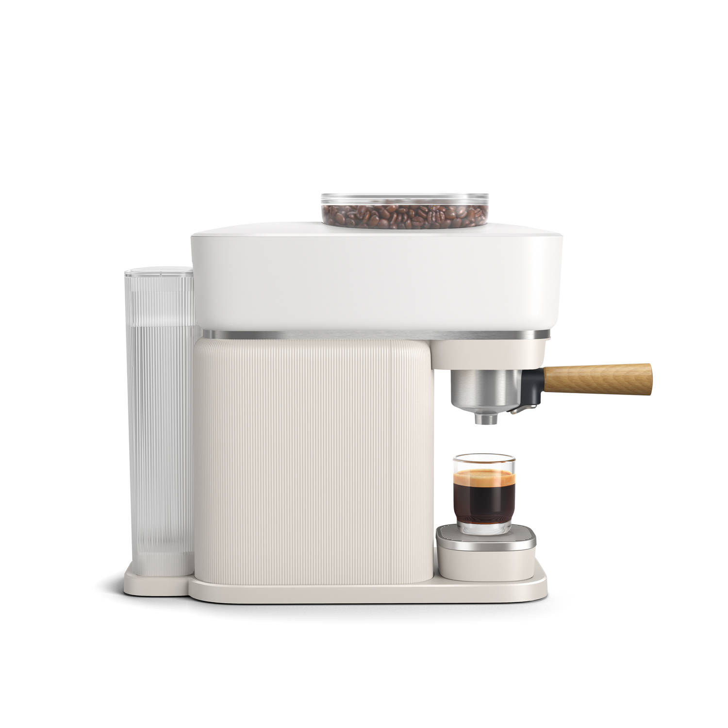 Crème espressomachine met glazen watertank en koffiebonencontainer.