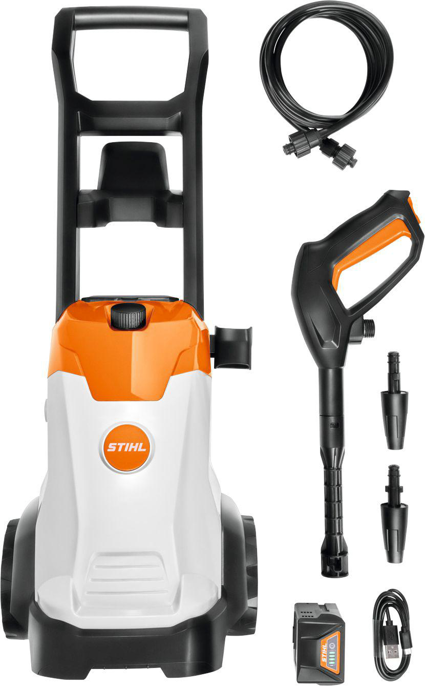 Ein weiß-oranger Stihl Hochdruckreiniger mit Zubehör, darunter Schlauch, Düsen und Akku.