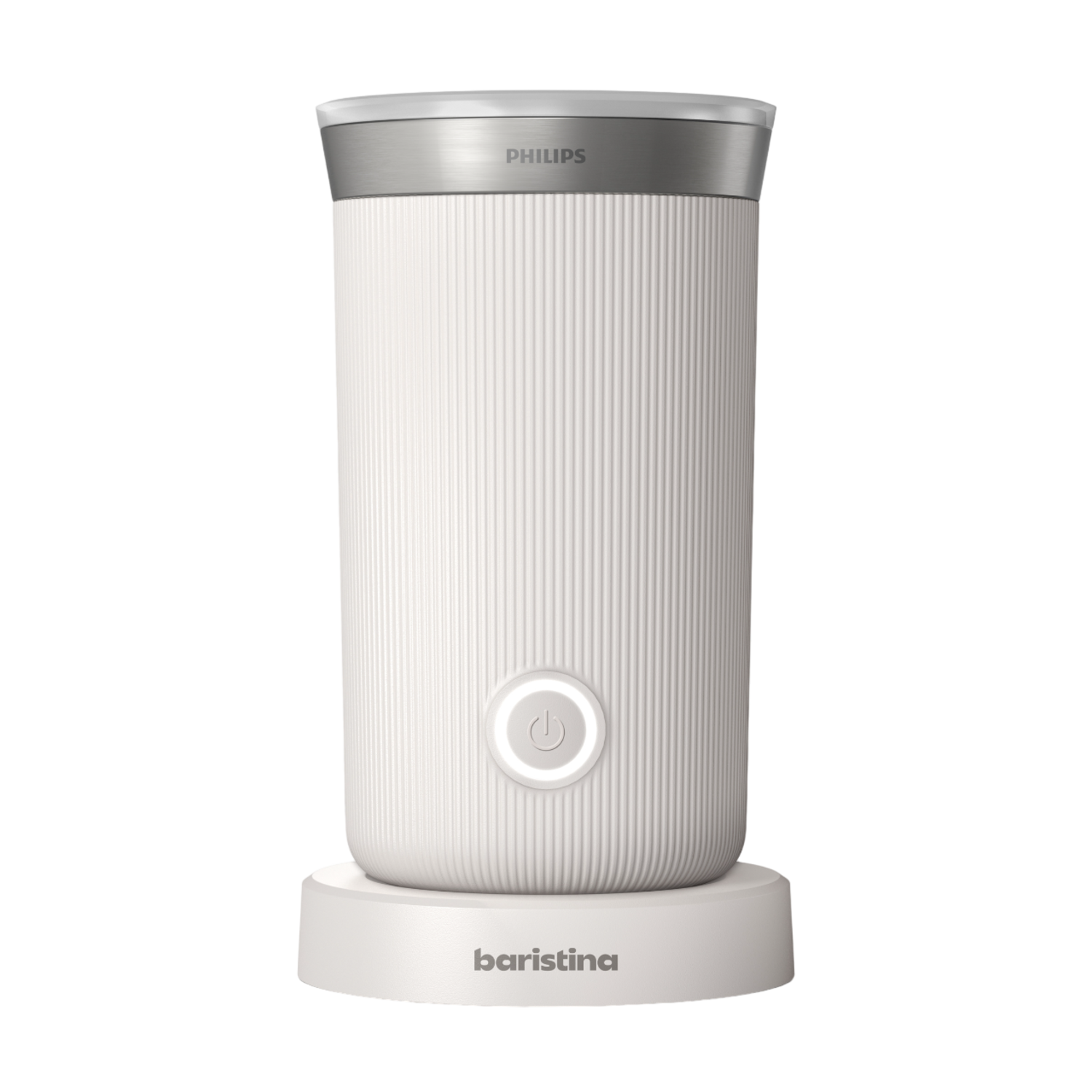 A white Philips barista milk frother on a white base, with a silver top and a power button.