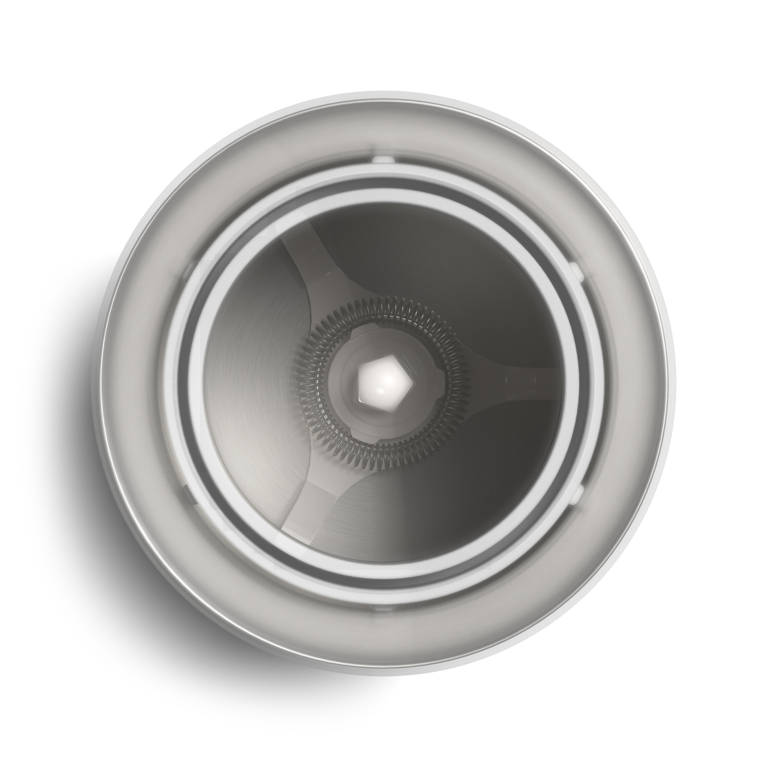 Top-down view of a white and metallic blender base, with a central blade.