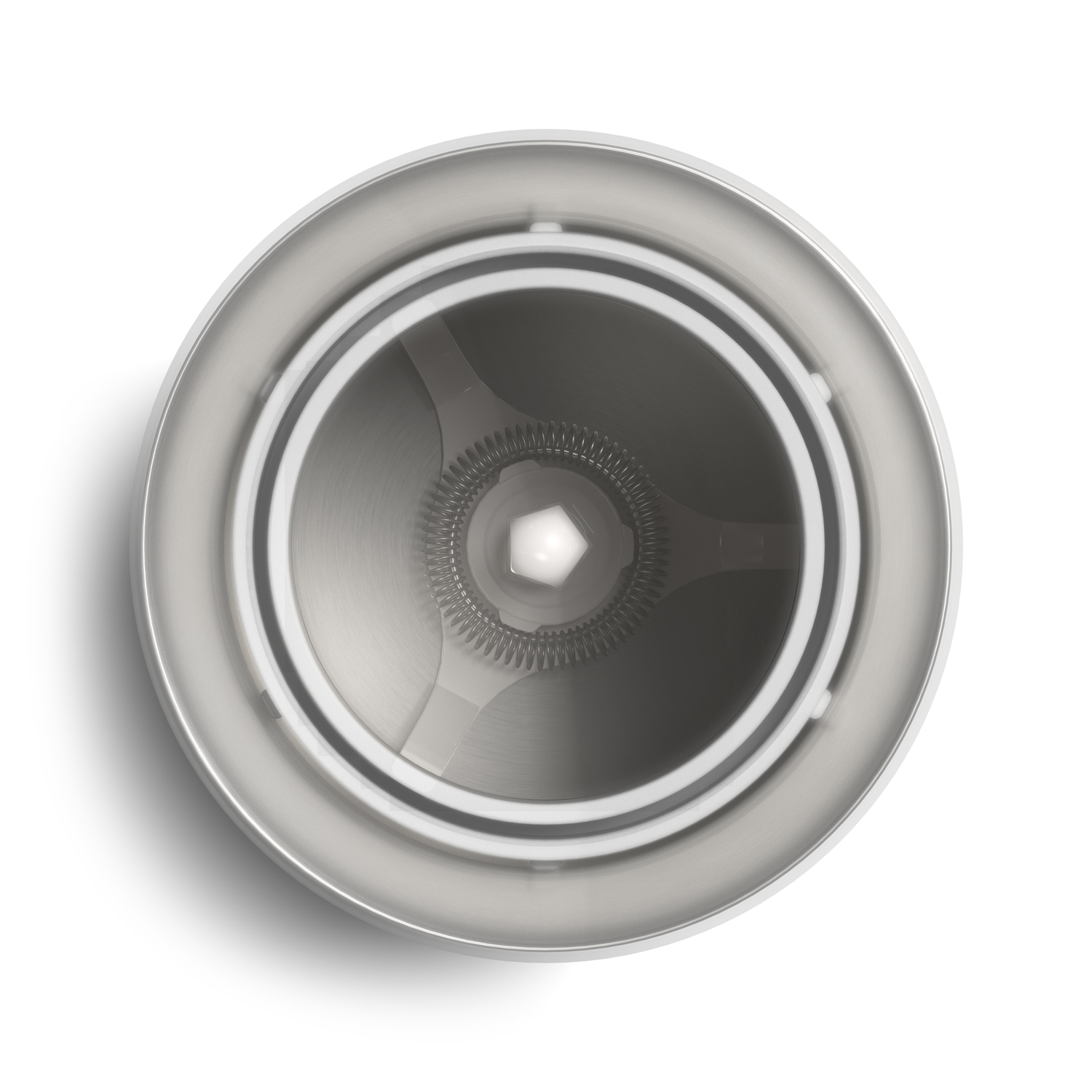Top view of a silver, circular cleaning device. White accents and detailing.