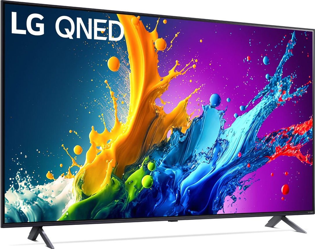 Großer LG QNED-Fernseher, der farbenfrohe abstrakte Kunst mit dunklem blauem Hintergrund zeigt.