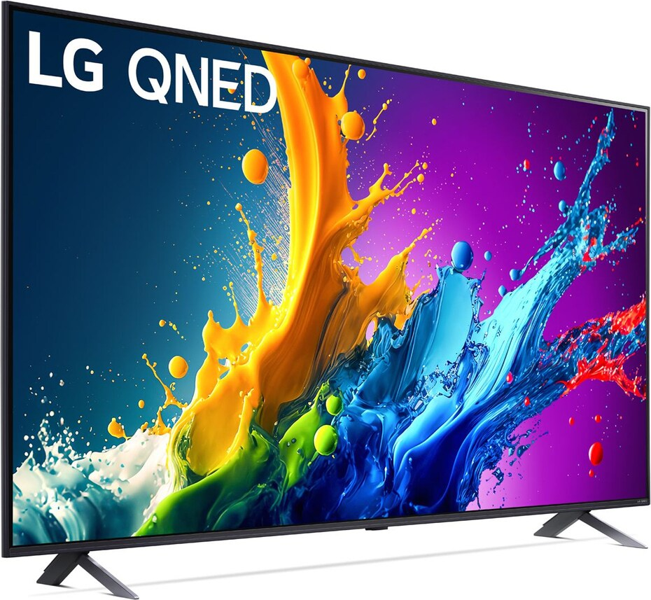 LG QNED Fernseher mit farbenfroher Spritzkunst auf dem Bildschirm. Farben: Gelb, Blau, Grün und Lila. Schwarzer Ständer.
