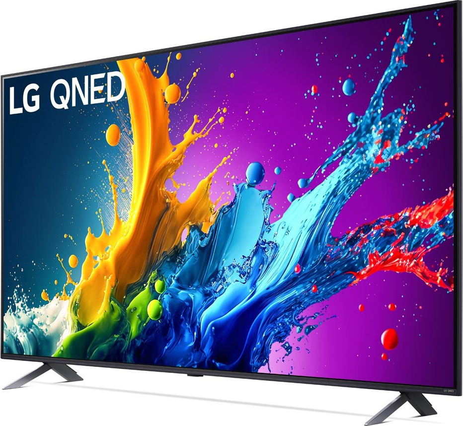 LG QNED Fernseher mit abstrakter Kunst in leuchtenden Farben und schwarzem Rahmen.