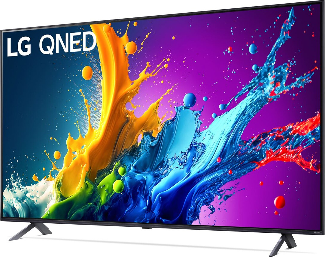 LG QNED TV-Display. Der Bildschirm zeigt bunte, abstrakte Kunst. Schwarzer Rahmen und Ständer.