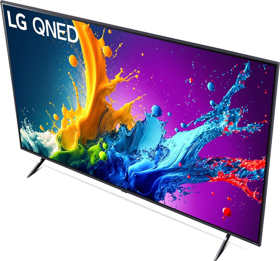 LG QNED-Fernseher mit farbenfroher Spritzkunst. Gelbe, blaue und rote farbähnliche Spritzer vor lila Hintergrund. Schwarzer Ständer.