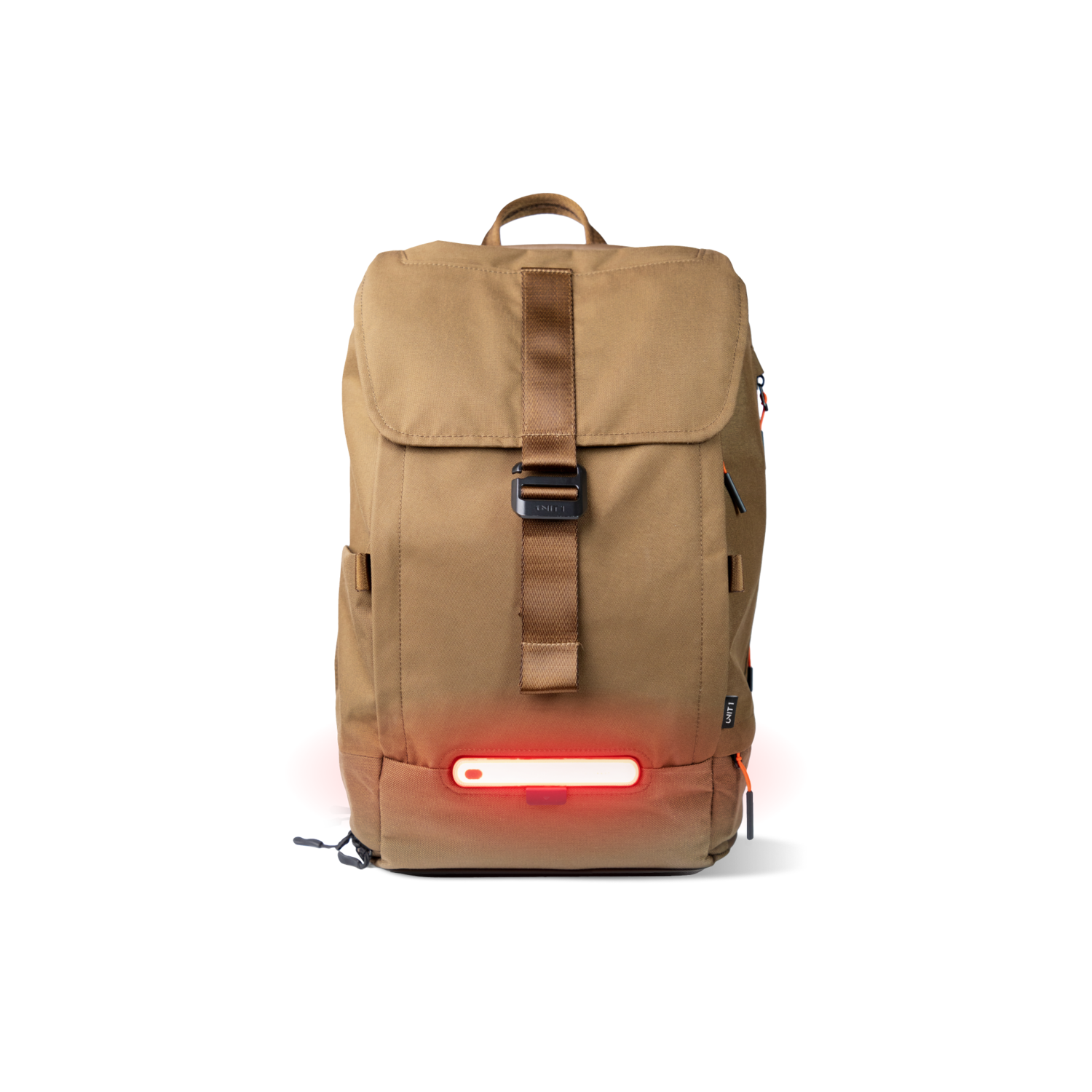 Un sac à dos marron avec une lumière rouge en bas. Il a une boucle et une sangle. La marque 'unifit' est visible.