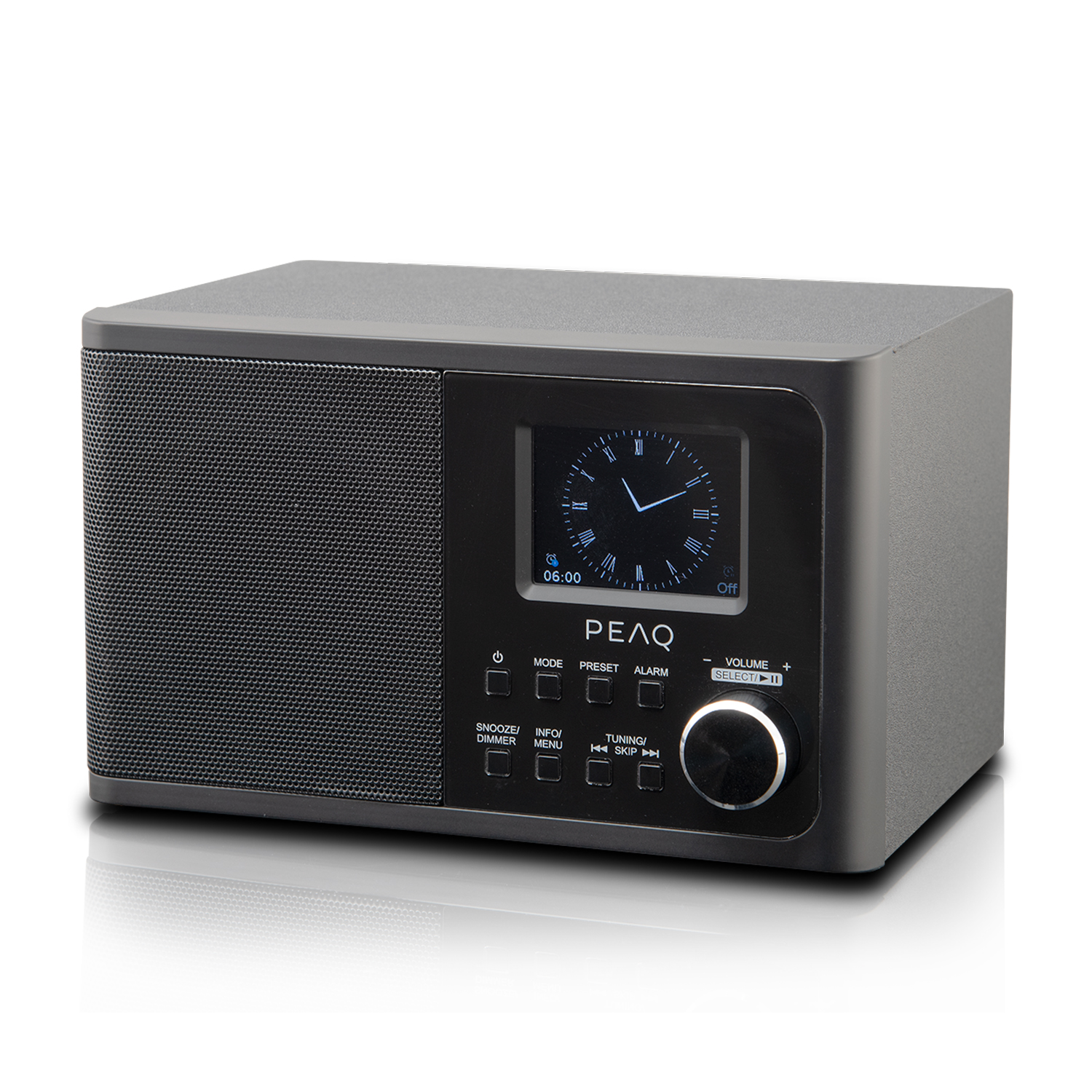 Radio nera con display dell'orologio e pulsanti. Una manopola del volume si trova sul lato destro.