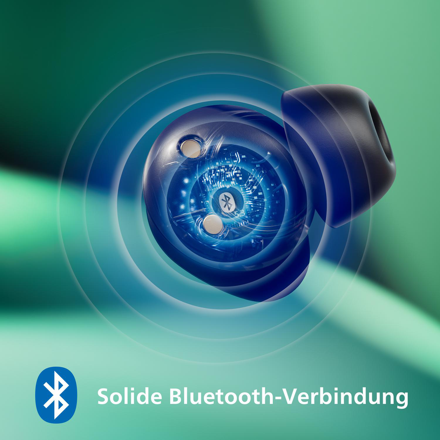 Nahaufnahme eines kabellosen Ohrhörers mit Bluetooth-Symbol. Blauer und grüner Hintergrund mit weißem Text.