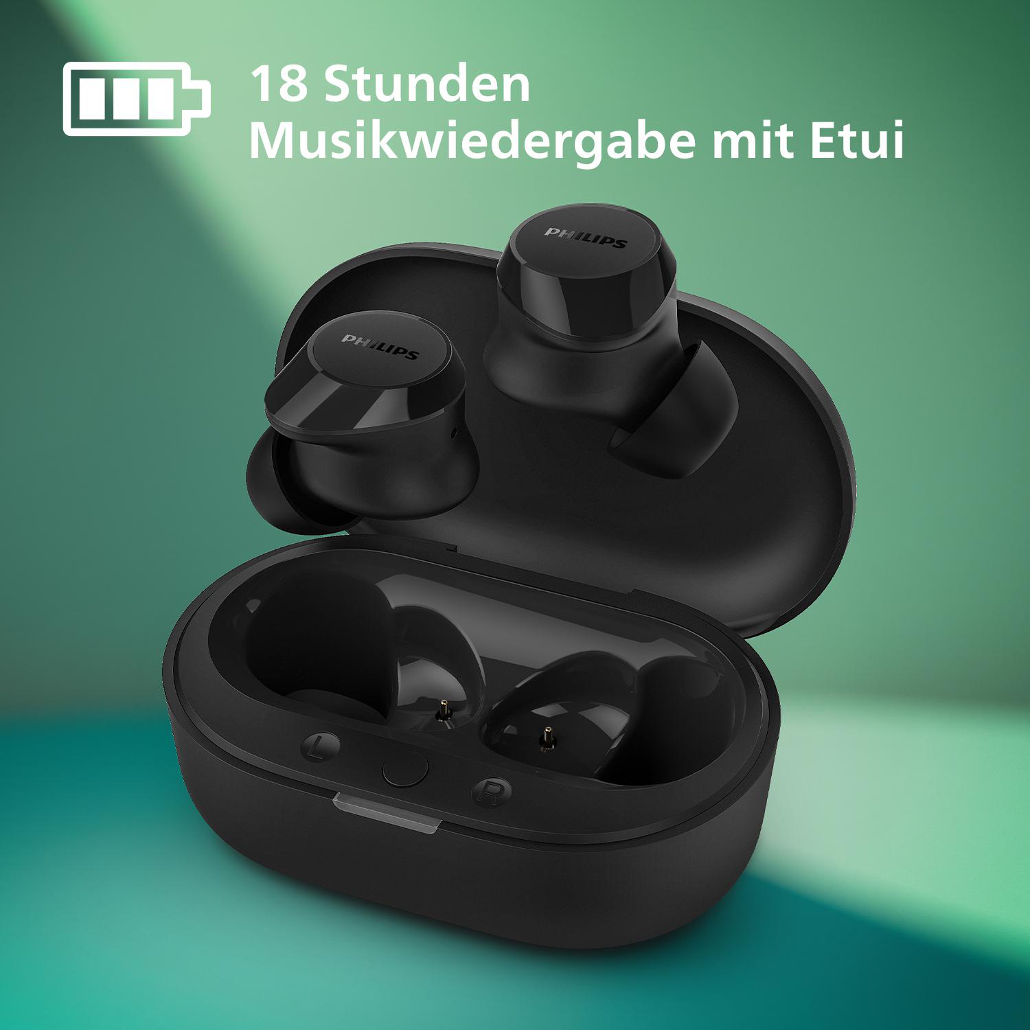 Schwarze kabellose Ohrhörer mit Ladecase. Text sagt 18 Stunden Musikwiedergabe mit dem Case.