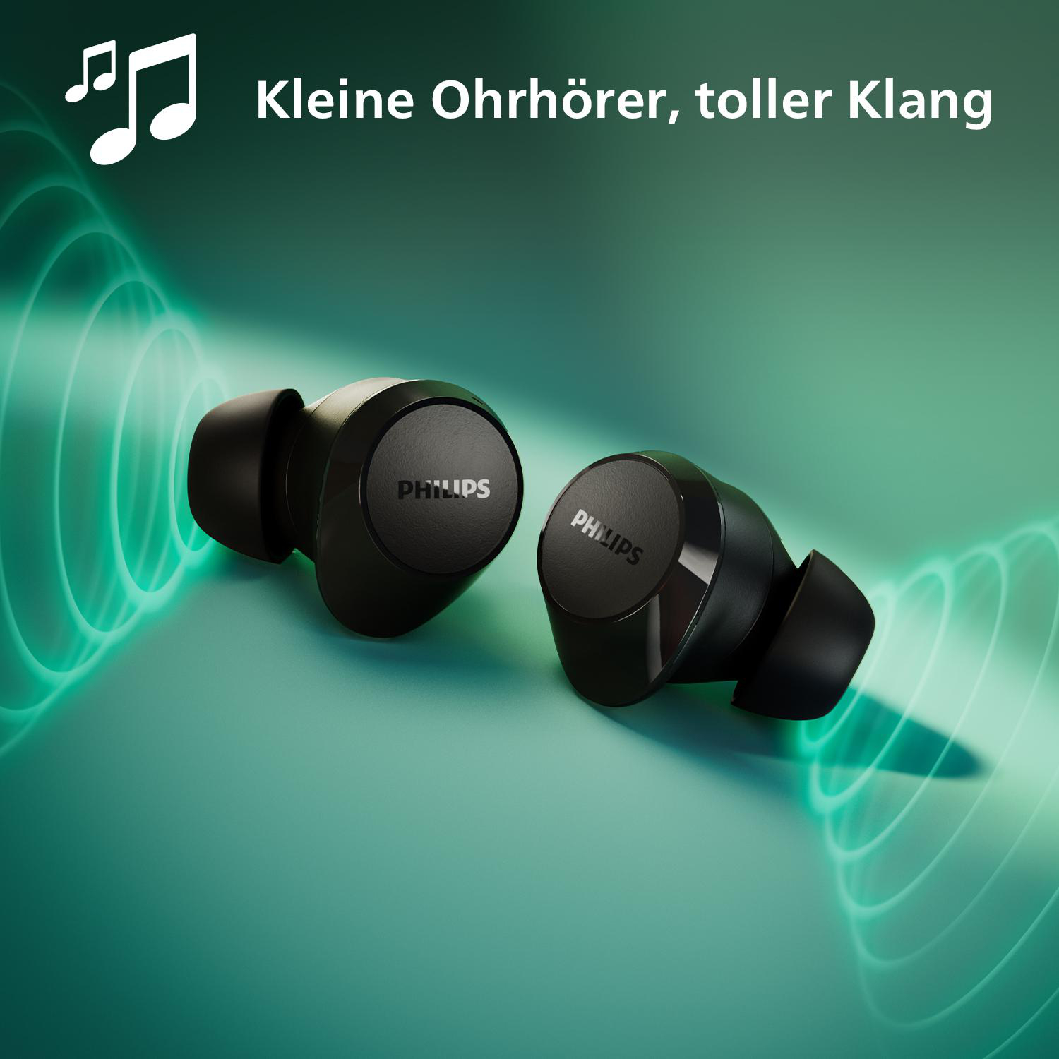 Schwarze kabellose Ohrhörer mit Philips-Logo auf türkisfarbenem Hintergrund.