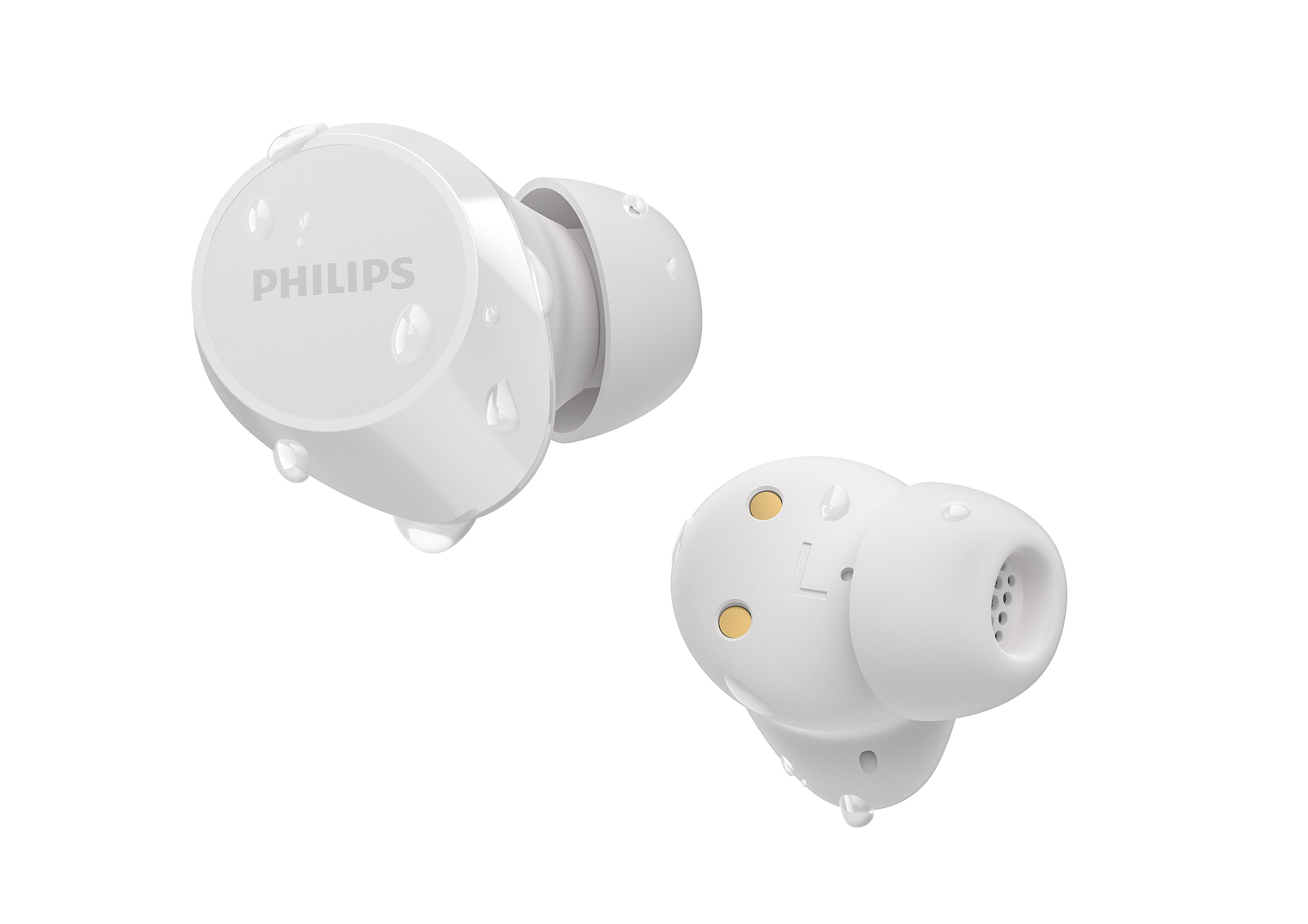 Weiße Philips Ohrhörer, Wassertropfen, mit weißem Hintergrund.